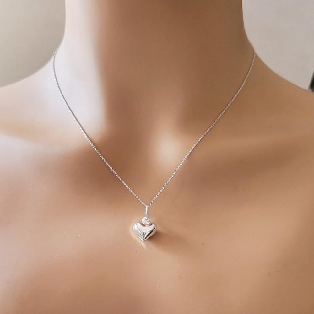 Sterling Silver 3D Heart Charm Necklace - 18 Inch Adjustable Chain, Perfect for Valentine's Day Gifts, Anniversary Presents & Everyday Elegant Jewelry