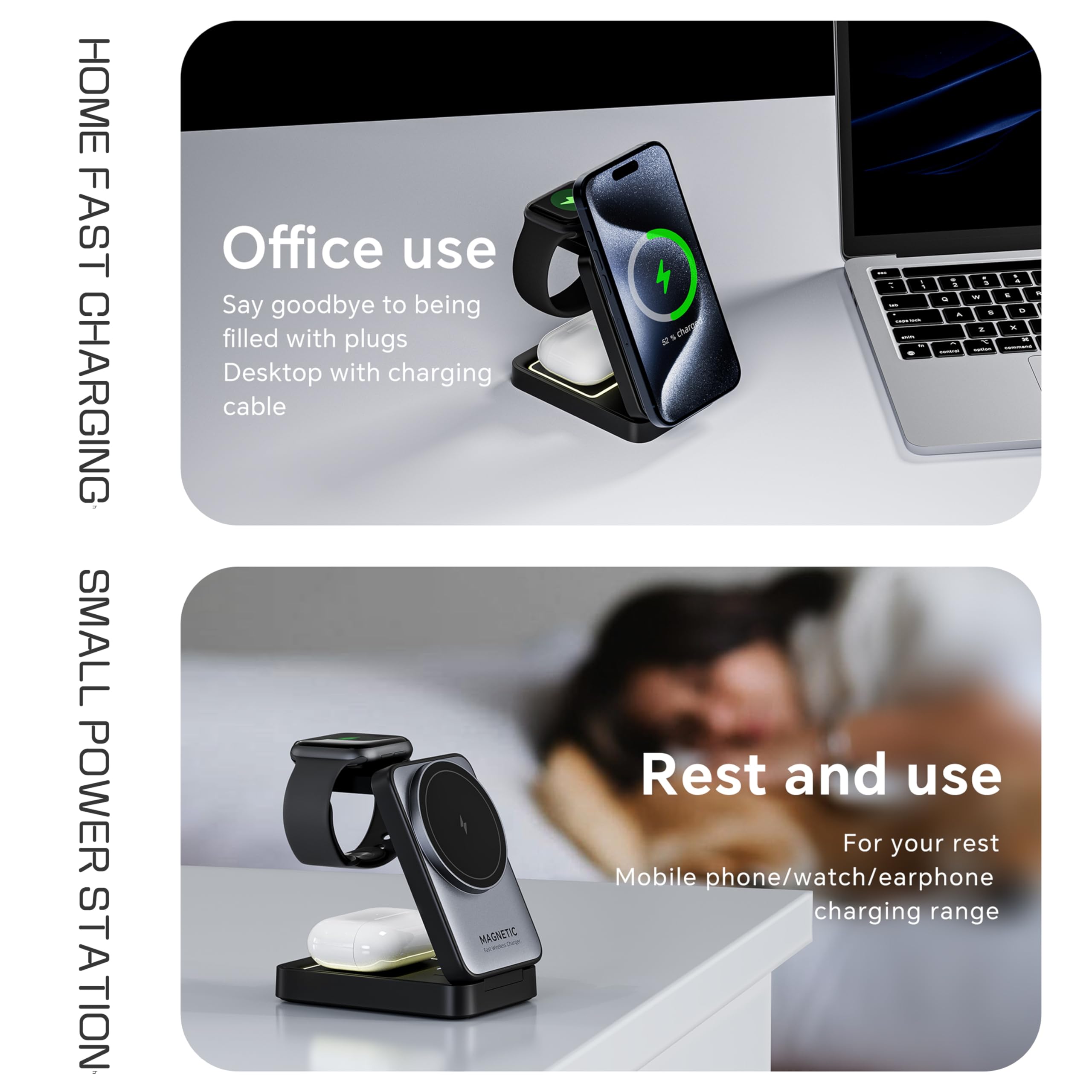 3-in-1 Foldable Wireless Charging Station - 15W Fast MagSafe Charger Stand for iPhone 15/14/13/12, Apple Watch & AirPods Pro | Portable Travel Charger for Home, Office & Car (Black)