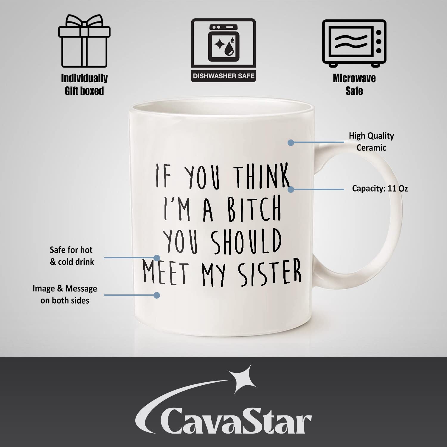 Funny Sister Gift Mug - 'If You Think I'm A Bitch You Should Meet My Sister' Quote - 11oz & 15oz White Ceramic Coffee Cup - Perfect for Office Humor, Sister Birthday Present & Sibling Gag Gifts