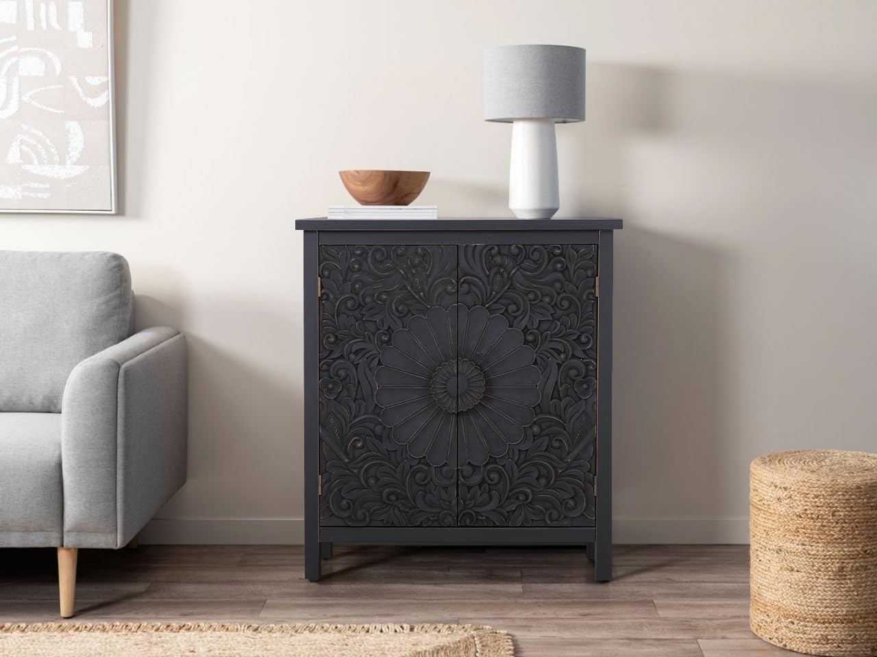 PHI VILLA Black Farmhouse Entryway Cabinet with Doors - Stylish Storage Buffet Cabinet for Hallway, Living Room & Dining Room Organization