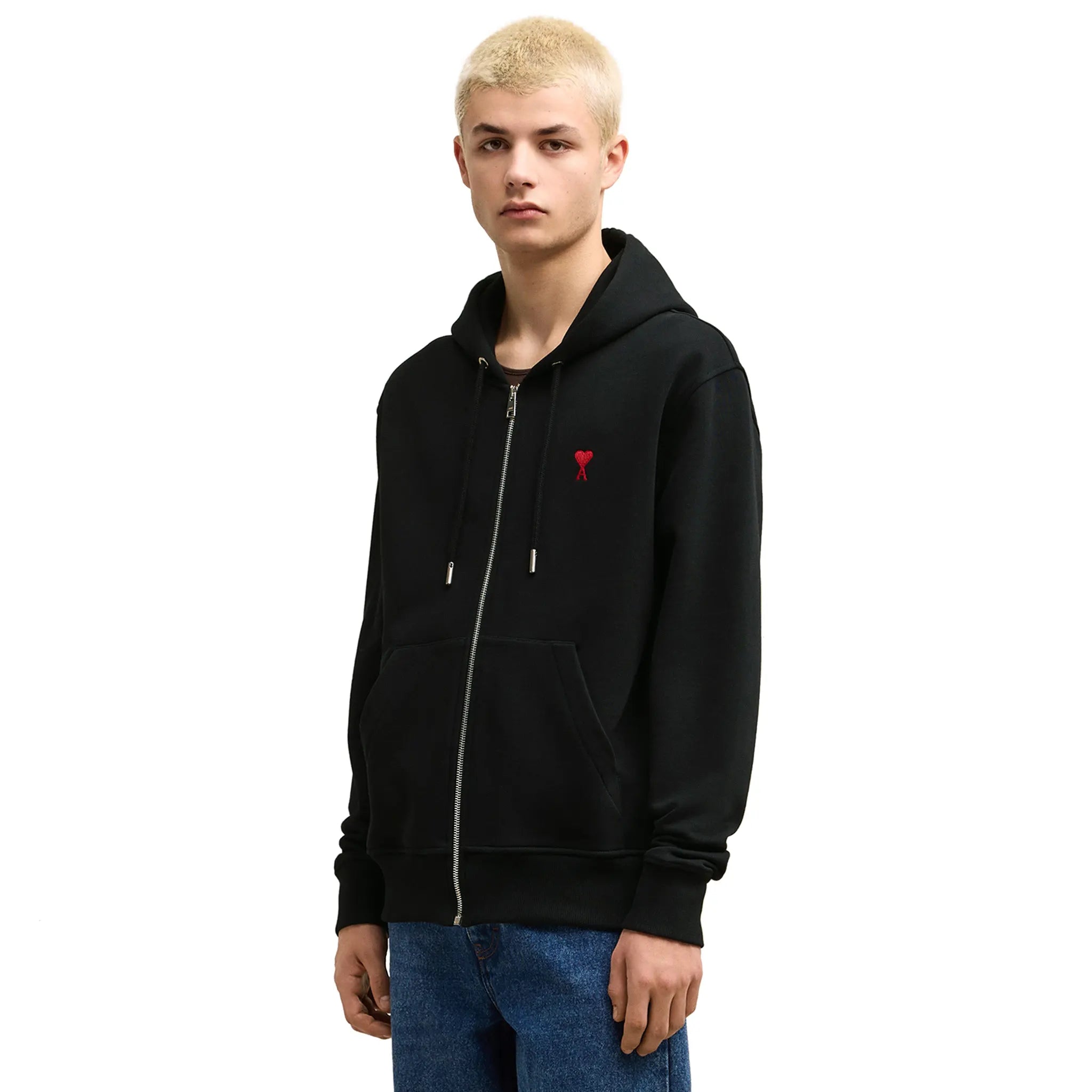 Ami Paris Ami De Coeur Black Cotton Zip-Up Hoodie for Men - Casual Streetwear & Everyday Comfort