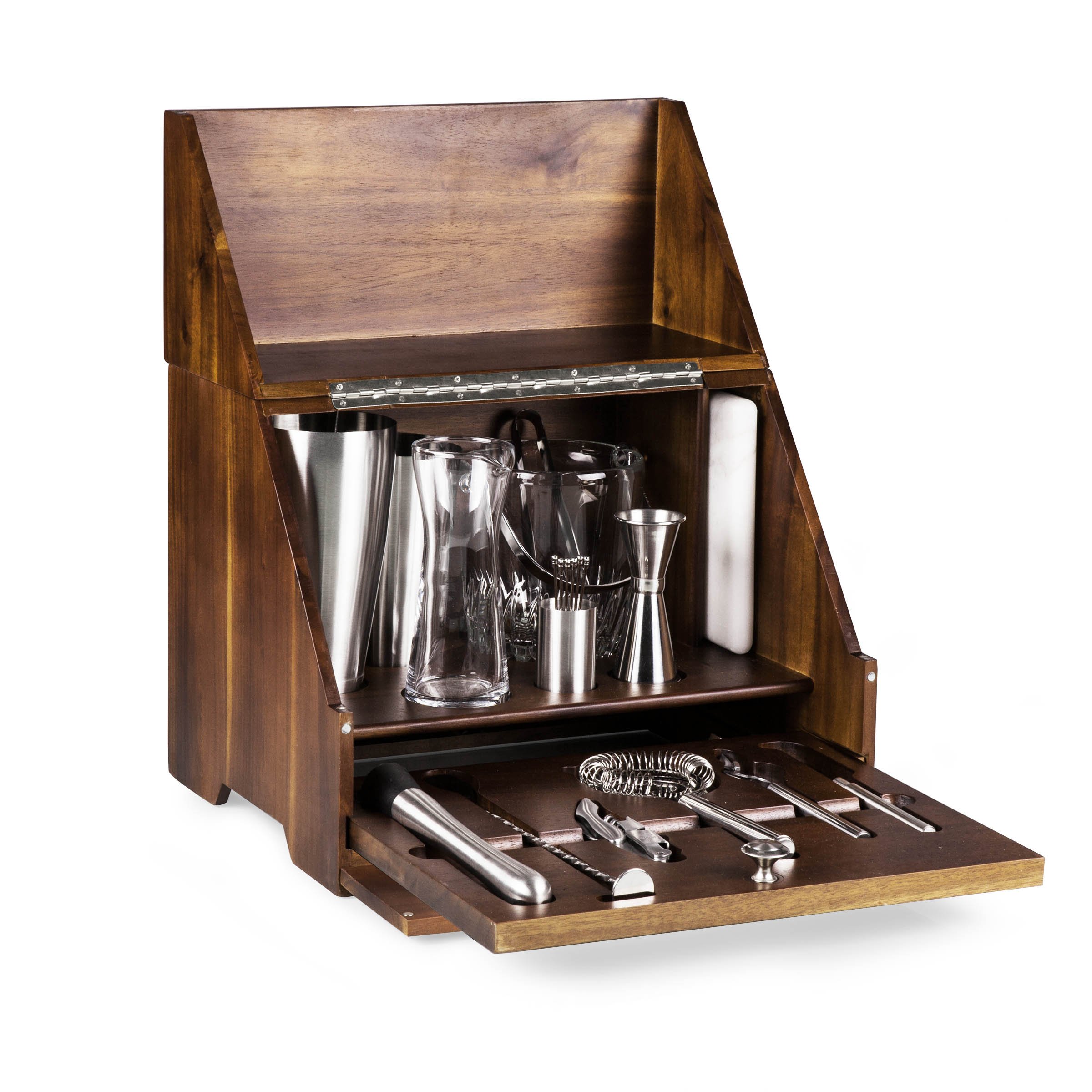 PICNIC TIME NFL Madison Acacia Wood Tabletop Bar Tool Set - 12-Piece Bartender Kit with Stand & Bar Accessories - Perfect for Home Bars, Game Day Parties & Outdoor Entertaining