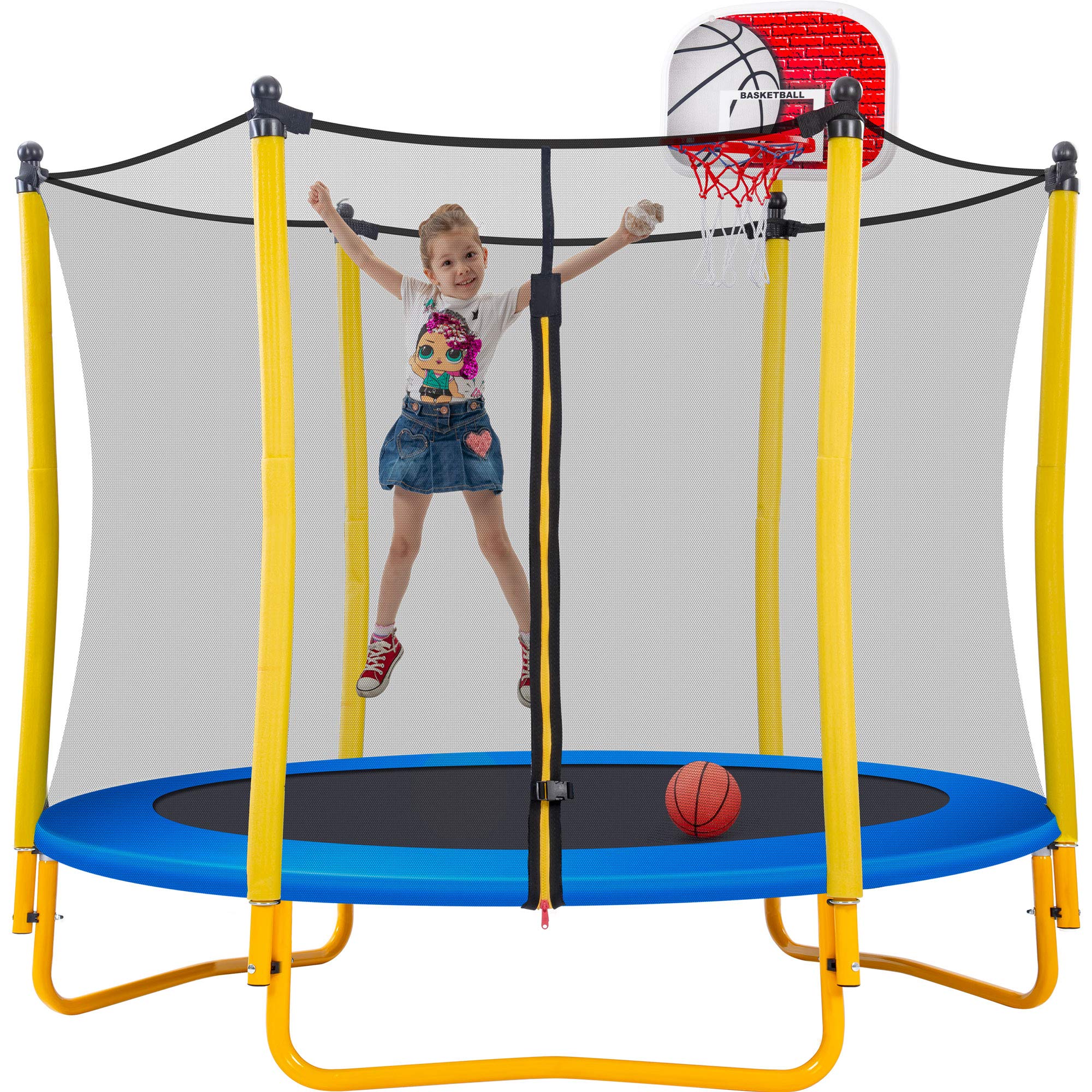 **Merax 66'' Kids Trampoline with Basketball Hoop, Rubber Ball & Safety Enclosure Net – 5.5FT Mini Trampoline for Toddlers (Ages 1-8) – Indoor & Outdoor Use – Perfect Birthday Gift for Active Play & Backyard Fun**