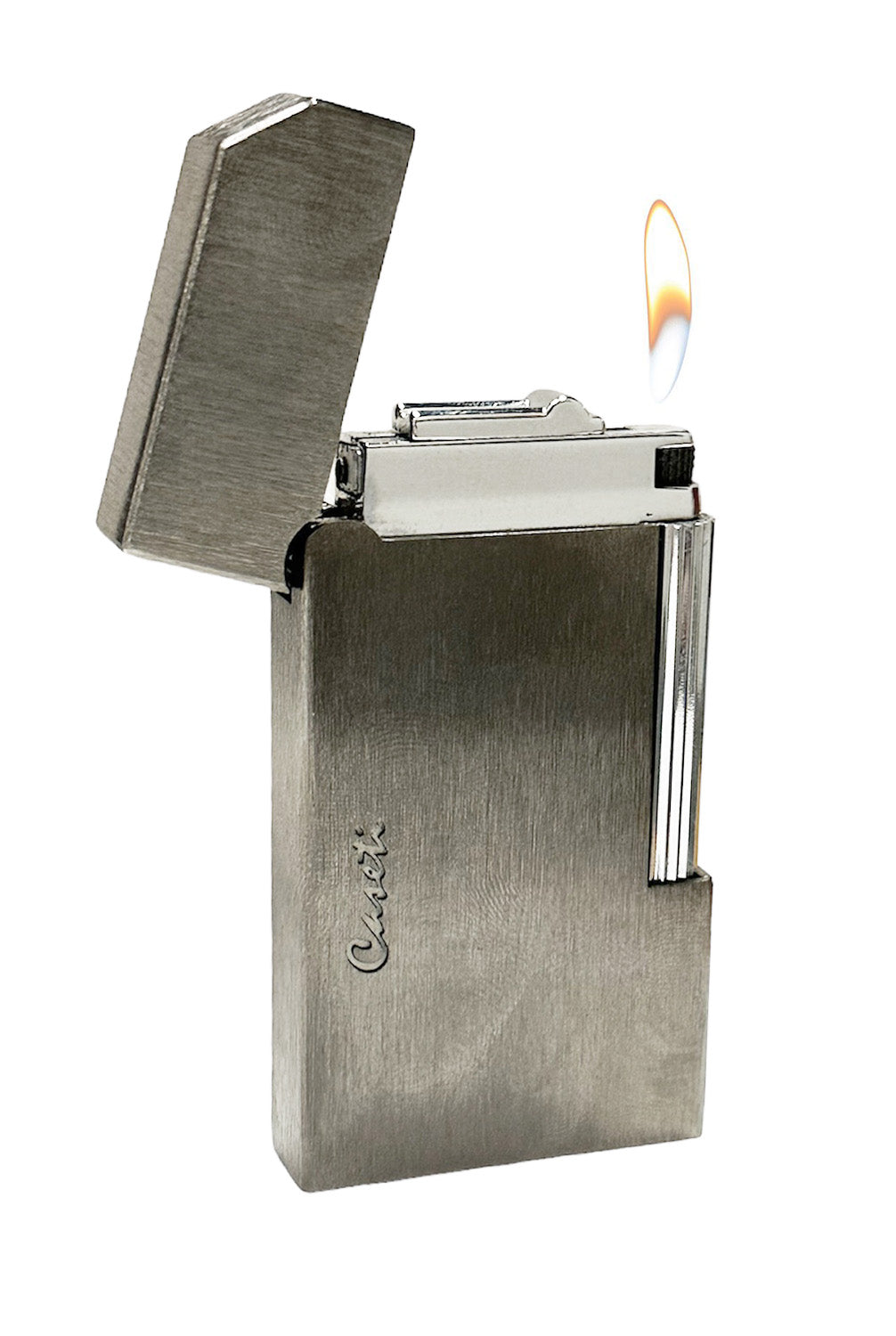 Caseti Windsor Traditional Flame Flint Lighter - Brushed Gunmetal Finish | Vintage Windproof Butane Lighter for Cigars, Candles & Outdoor Use