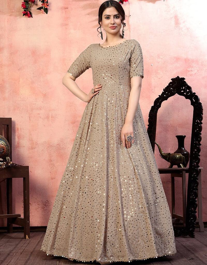 Elegant Beige Anarkali Style Gown - Premium Georgette Fabric for Weddings, Parties & Special Occasions