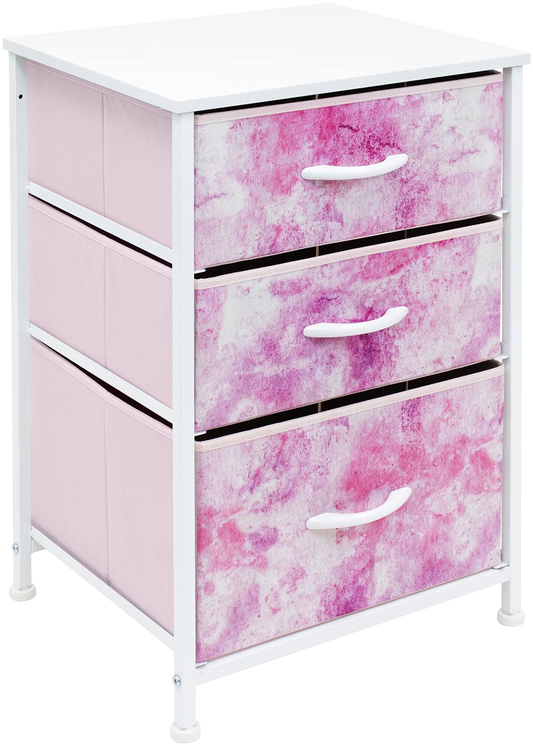 Sorbus 3-Drawer Nightstand Organizer for Kids - Wood Top & Steel Frame Storage Chest with Tie-Dye Fabric Bins | Bedroom Furniture for Clothes & Closet Organization (Pink) | Perfect for Boys & Girls Rooms, Dorm Storage, and Small Space Organization