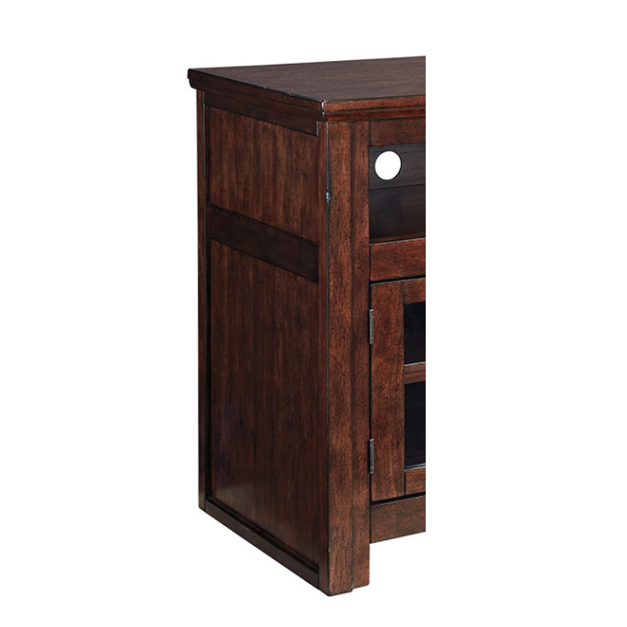 Benjara Large Brown Wooden TV Stand with Two Glass Door Cabinets & Open Shelves - Perfect for Living Room Entertainment Center, Home Theater Setup & Media Storage