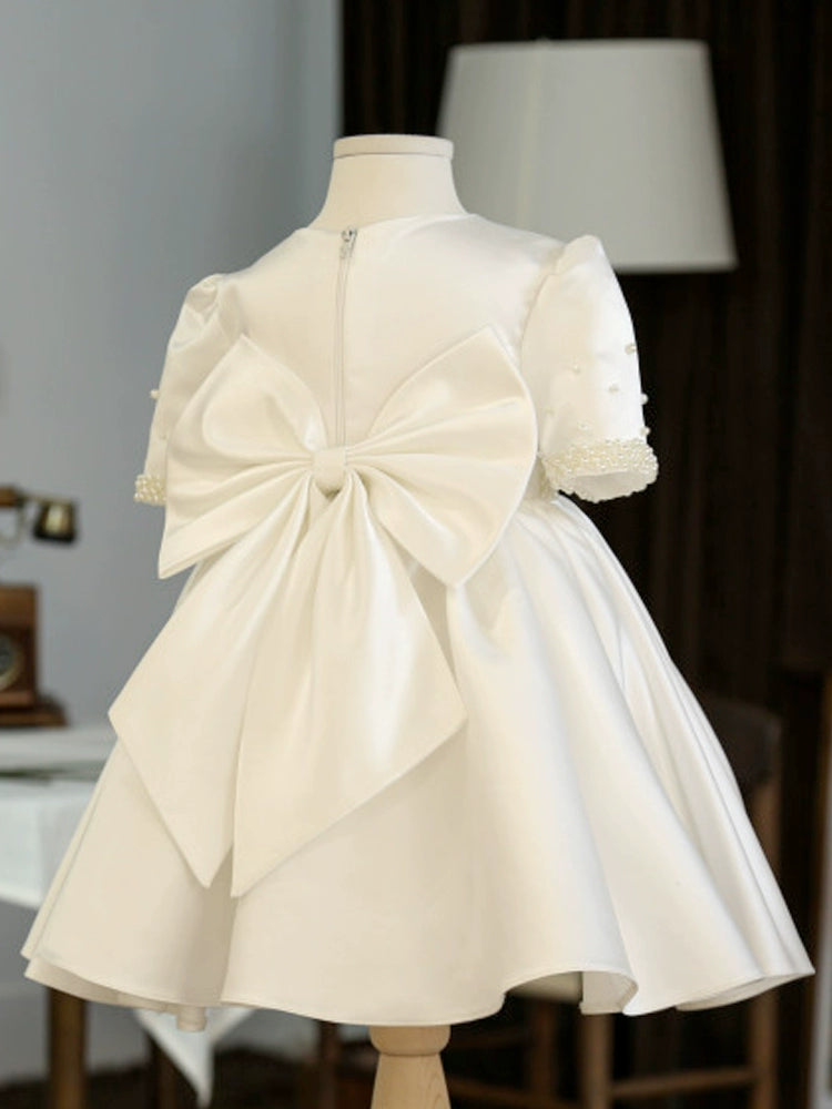 Princess Round Tea Length Satin Flower Girl Dress - White Flower Girl Dress for Weddings, Birthday Parties & Special Occasions