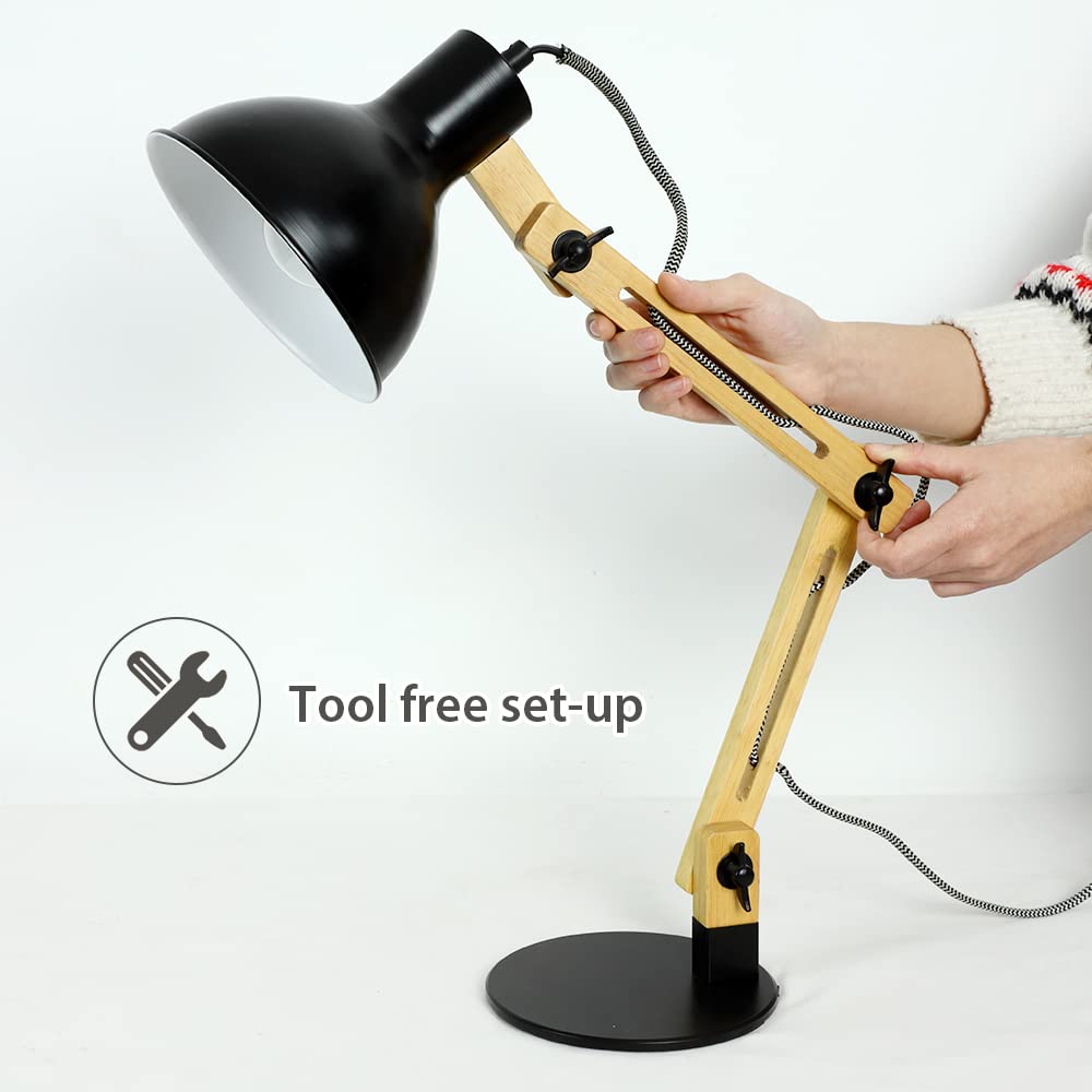 Modern Swing Arm Desk Lamp with Adjustable Wood Gooseneck - Architect Table Light for Home Office, Study, Bedroom & College Dorm - Includes E26 Bulb & Black Metal Shade - Perfect for Reading, Working & Nightstand Lighting
