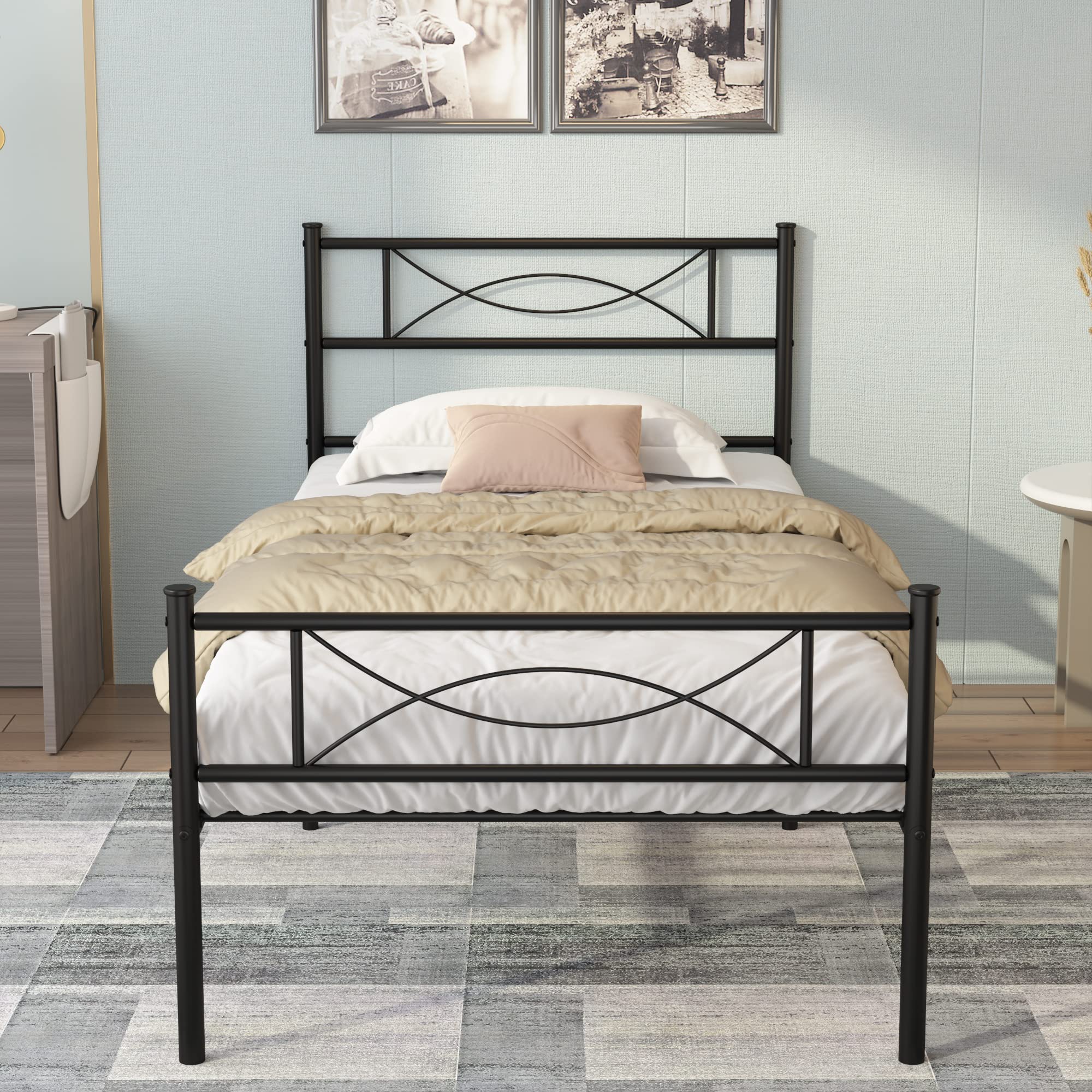 Weehom Metal Bed Frame with Platform - Twin Size, Black - Sturdy Mattress Foundation & Box Spring Replacement for Kids Bed - Perfect for Children's Bedroom, Guest Room, or Dormitory