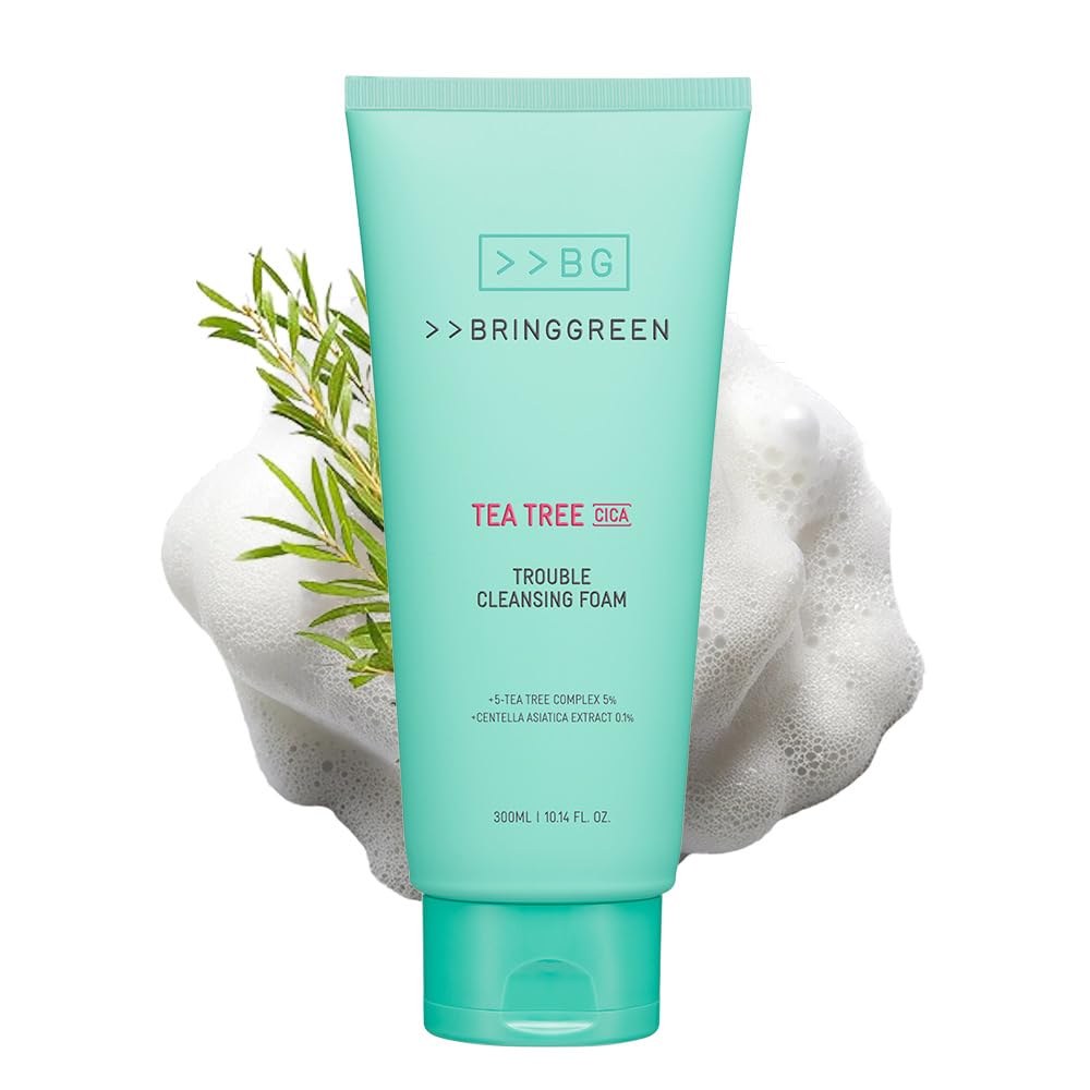 BRING GREEN Tea Tree Cica Trouble Cleansing Foam - Gentle Exfoliating Face Wash for Blackheads & Whiteheads | Soothing Sensitive Skin Cleanser | 10.1 Fl Oz (300ml) | Perfect for Acne-Prone & Irritated Skin | Morning & Night Skincare Routine