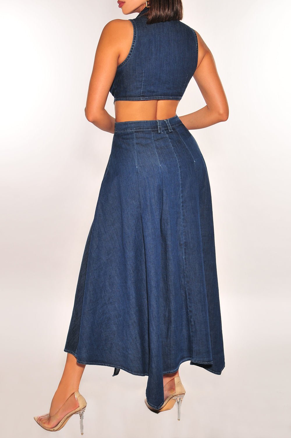 Women's Denim Sleeveless Collared Cut-Out Button Down Asymmetrical Slit Dress - Casual Summer Outfit for Beach, Party & Street Style Fashion