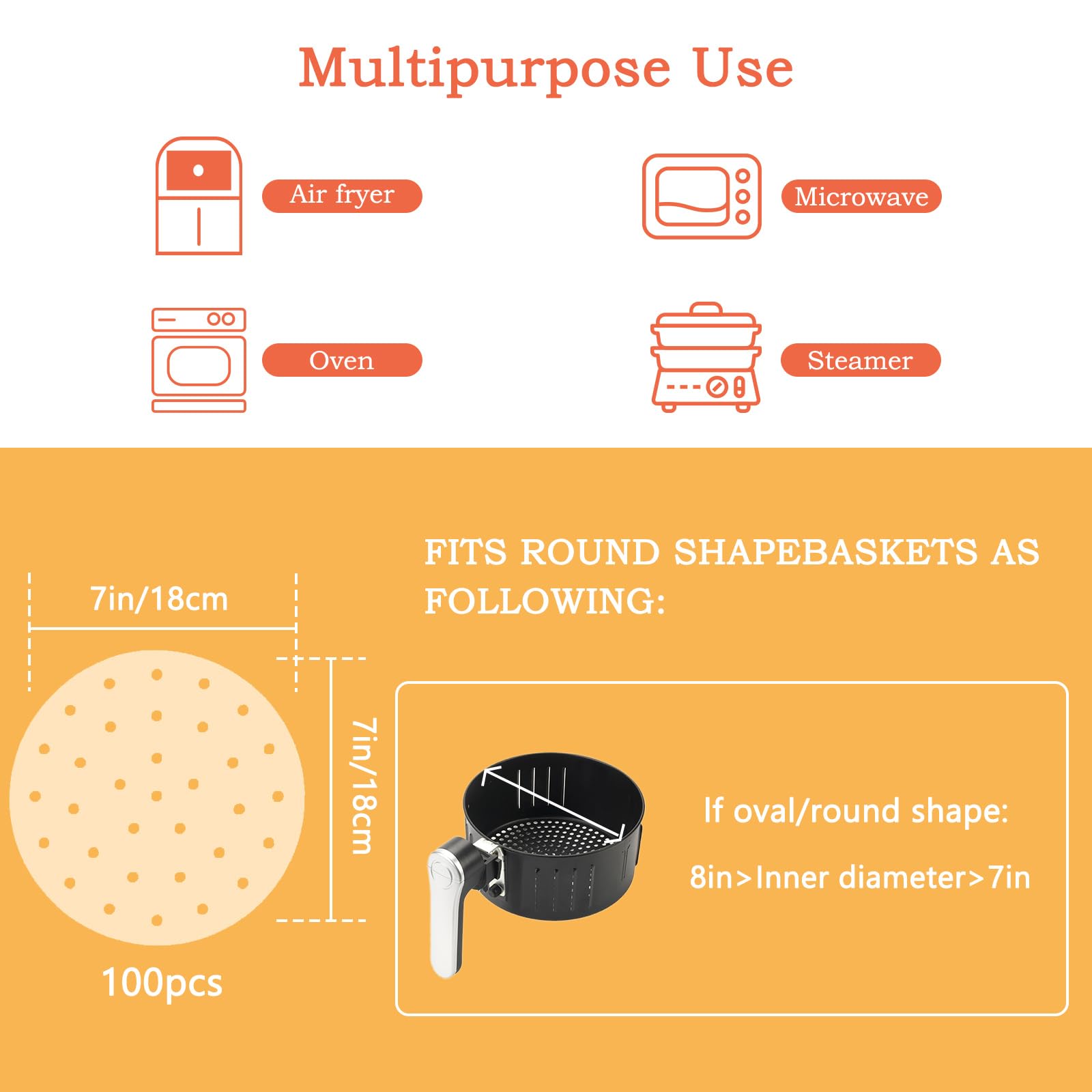 100Pcs 7in/18cm Unbleached Perforated Air Fryer Parchment Paper Liners - Disposable Round Non-Stick Baking Sheets for Air Fryer Accessories | Perfect for Cooking, Roasting & Healthy Meal Prep