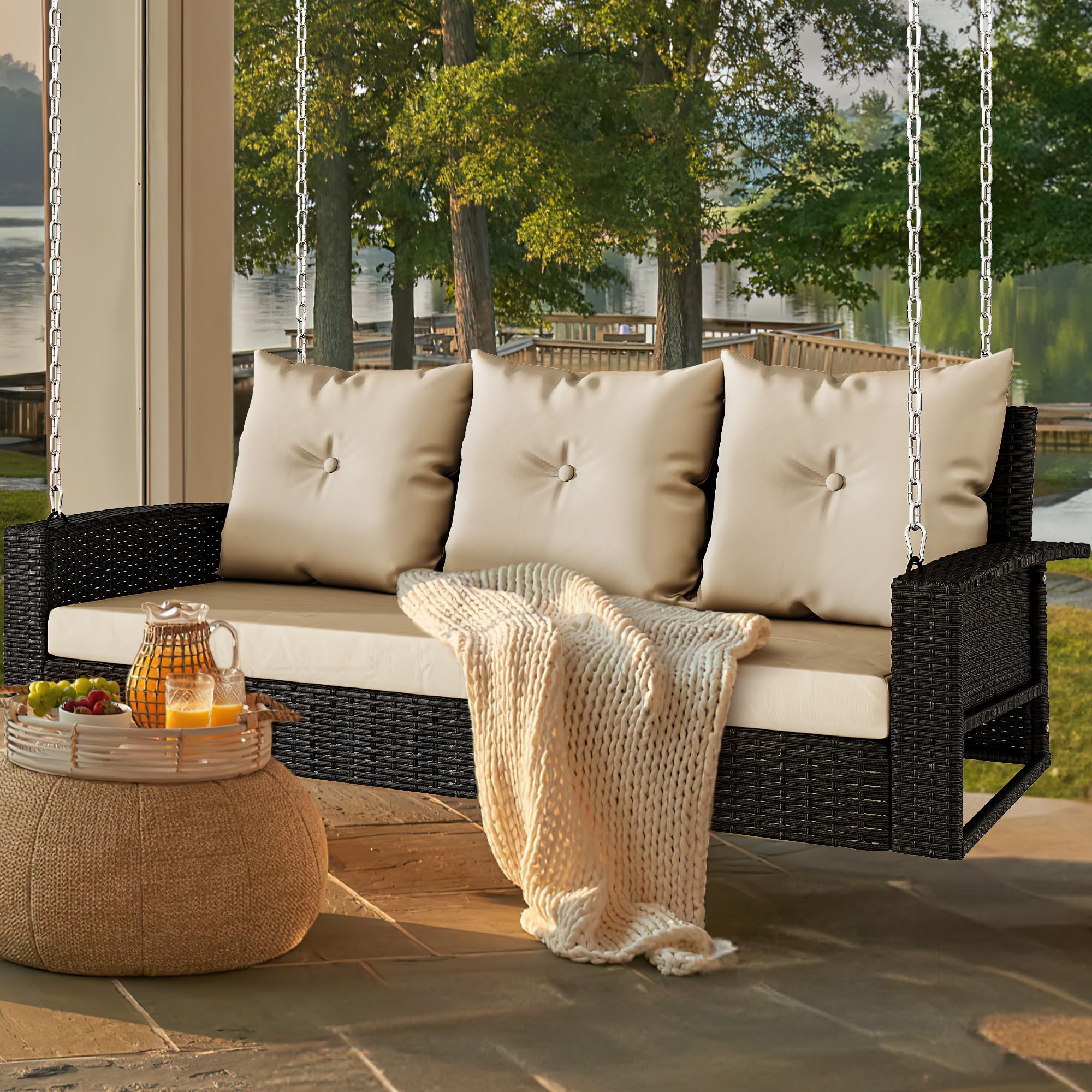 YITAHOME 3-Seater Hanging Porch Swing Chair - Outdoor Rattan Wicker Patio Swing with 3 Cushions - Weather-Resistant Black Garden Swing for Balcony, Deck & Backyard Relaxation | Perfect for Lounging, Reading & Enjoying Summer Breezes