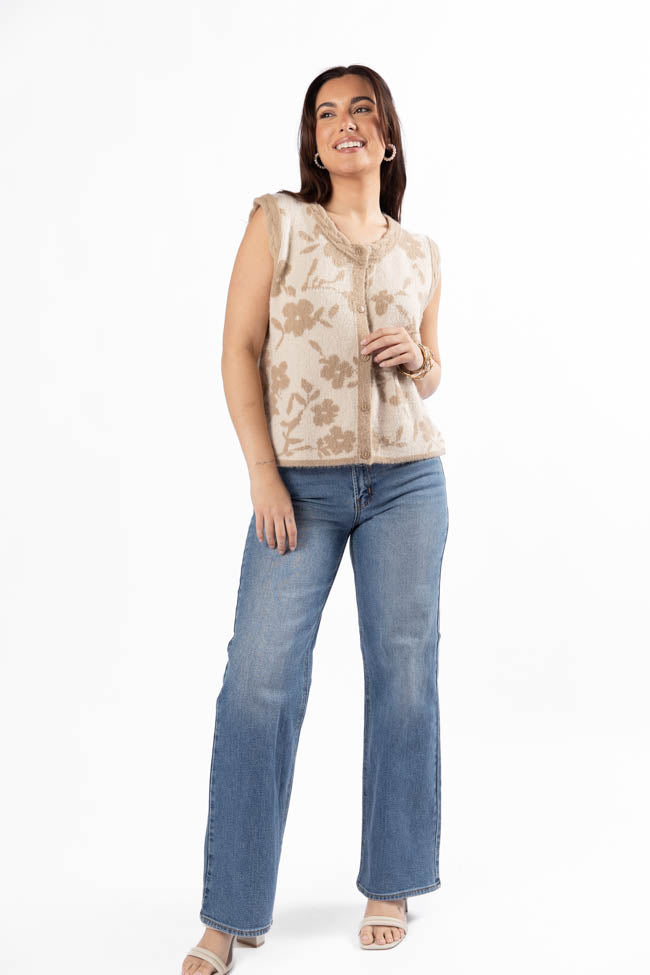 Truly Yours Women's Natural & Taupe Floral Print Sweater Vest - Lightweight Knit Cardigan for Fall & Winter - Perfect for Layering, Office Wear & Casual Outfits