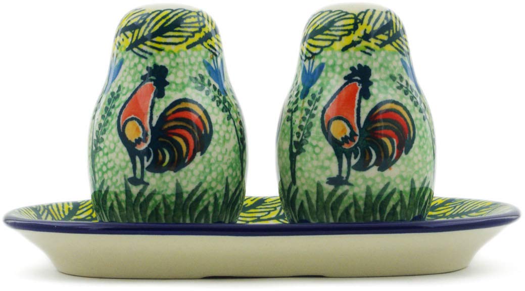 Authentic Polish Pottery Salt and Pepper Shaker Set - 3-Piece Ceramika Artystyczna Rooster Parade Theme Handmade UNIKAT with Certificate | Perfect for Kitchen, Dining Table & Gift Giving