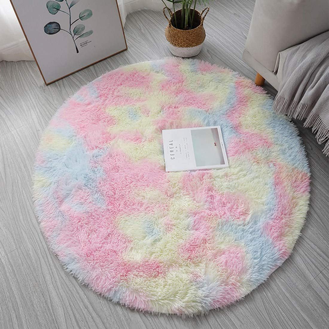 Soft Fluffy Round Rainbow Carpet for Girls Room - 120cm Diameter Non-Slip Kids Rug for Bedroom, Study, Living Room - Playroom & Nursery Decor, Cozy Floor Mat for Reading & Relaxing