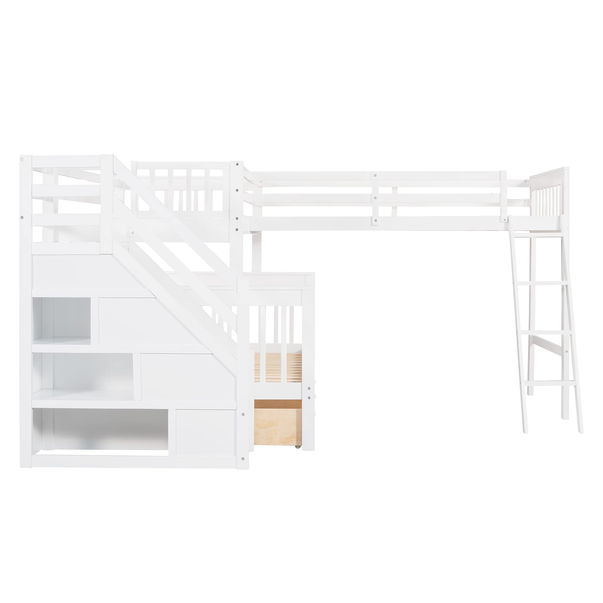 Merax White L-Shaped Triple Bunk Bed with Loft - Twin Over Full Size, Built-in Drawers, Safety Guardrails & Ladder - Space-Saving Kids Bedroom Furniture for Small Rooms & Shared Spaces