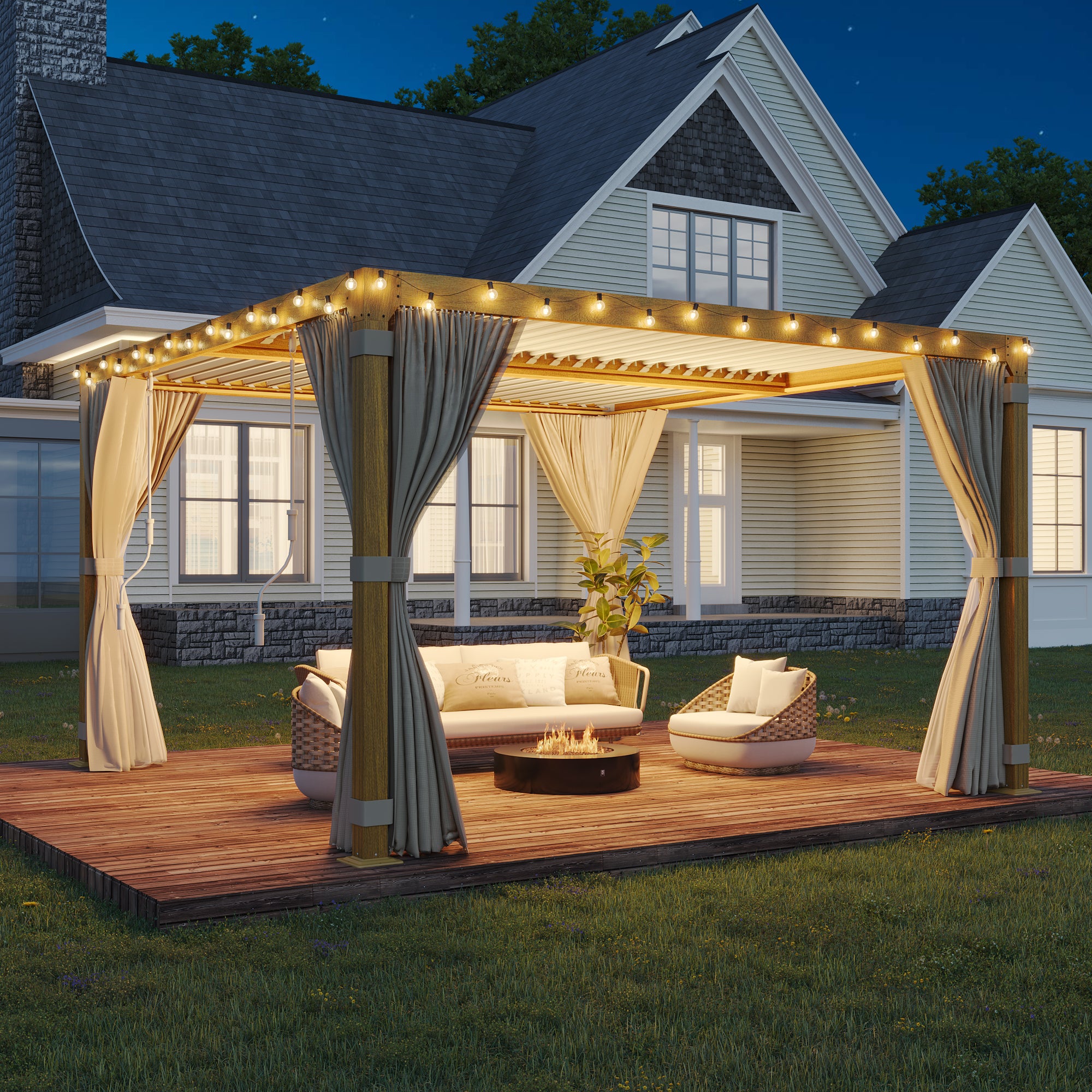 EROMMY 12x12 Louvered Pergola with Adjustable Wood Grain Roof - Outdoor Shade Structure for Decks, Gardens & Backyards - Perfect for Patio Lounging, Outdoor Dining & Backyard Entertaining