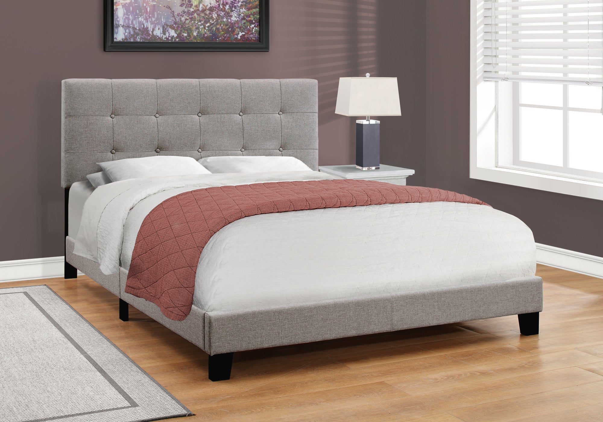 Queen Size Grey Linen Bed Frame - Modern Platform Bed with Wooden Slats for Support | Perfect for Master Bedroom, Guest Room & Apartment Living