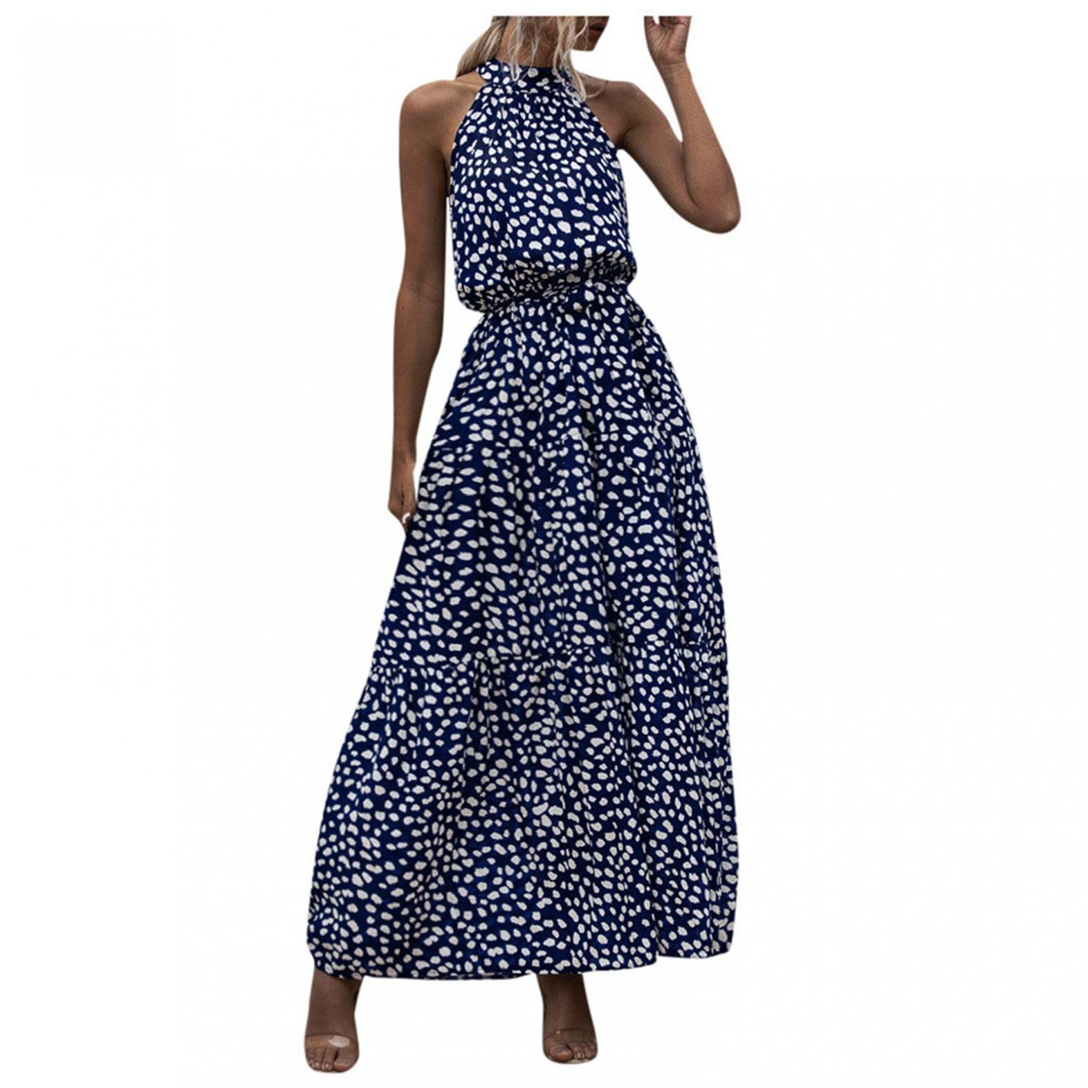 Floral Halter Neck Maxi Dress for Women - Sleeveless Loose Fit Summer Sundress with Belt & Ruffle Details | Perfect for Beach Vacations, Date Nights & Casual Outings