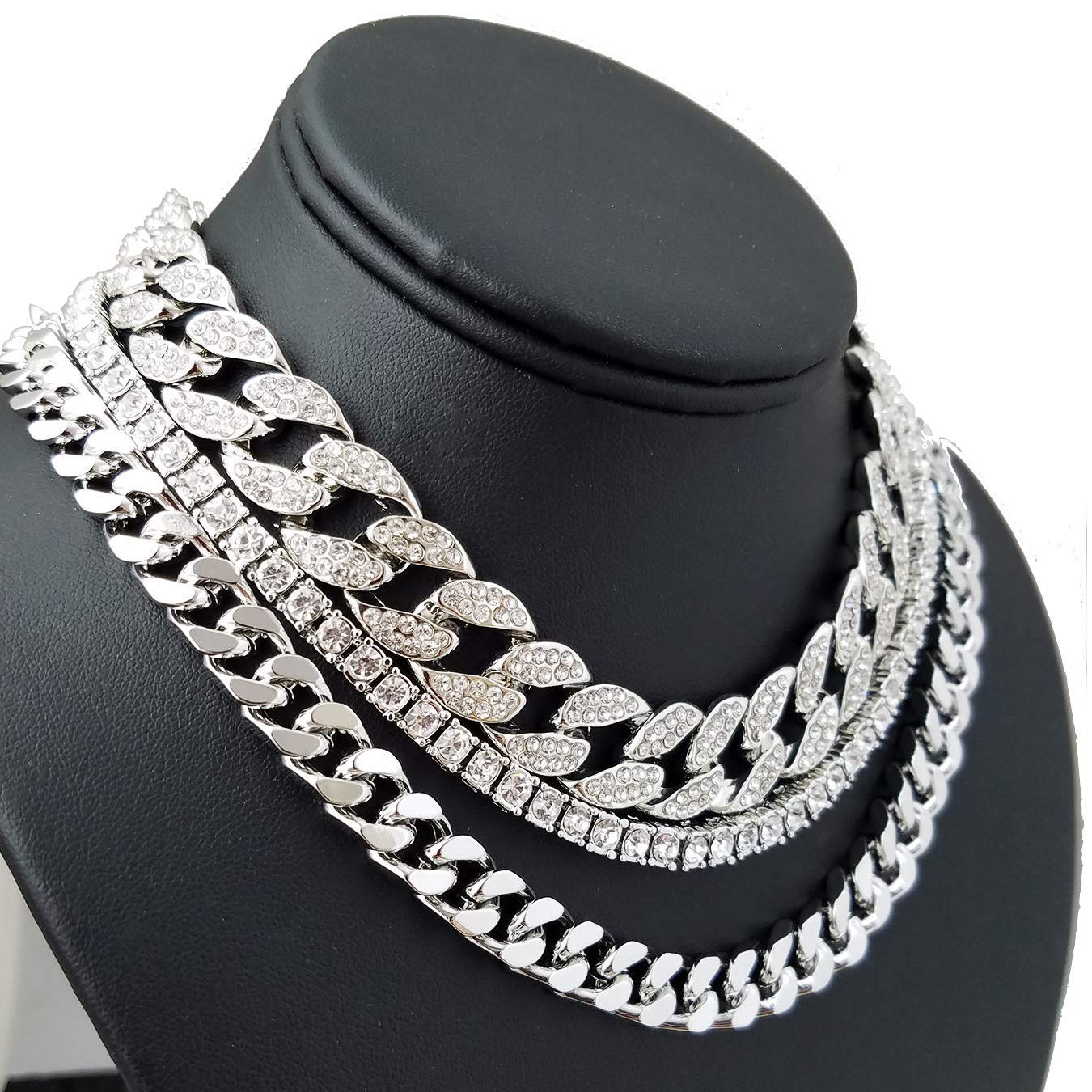 Men's Iced Out Hip Hop Silver Tone CZ Miami Cuban Link Chain Choker Necklace (3-Layer) - Perfect for Streetwear, Rap Concerts & Party Accessories