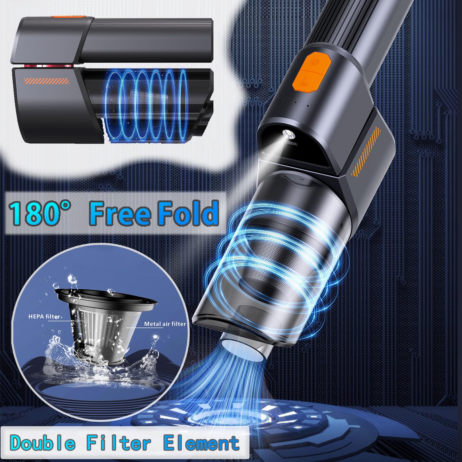 Powerful 16000Pa Cordless Handheld Vacuum Cleaner - Rechargeable, 3 Speed Adjustable, 180° Foldable Design with LED Light - Perfect for Car, Pet Hair, and Home Cleaning