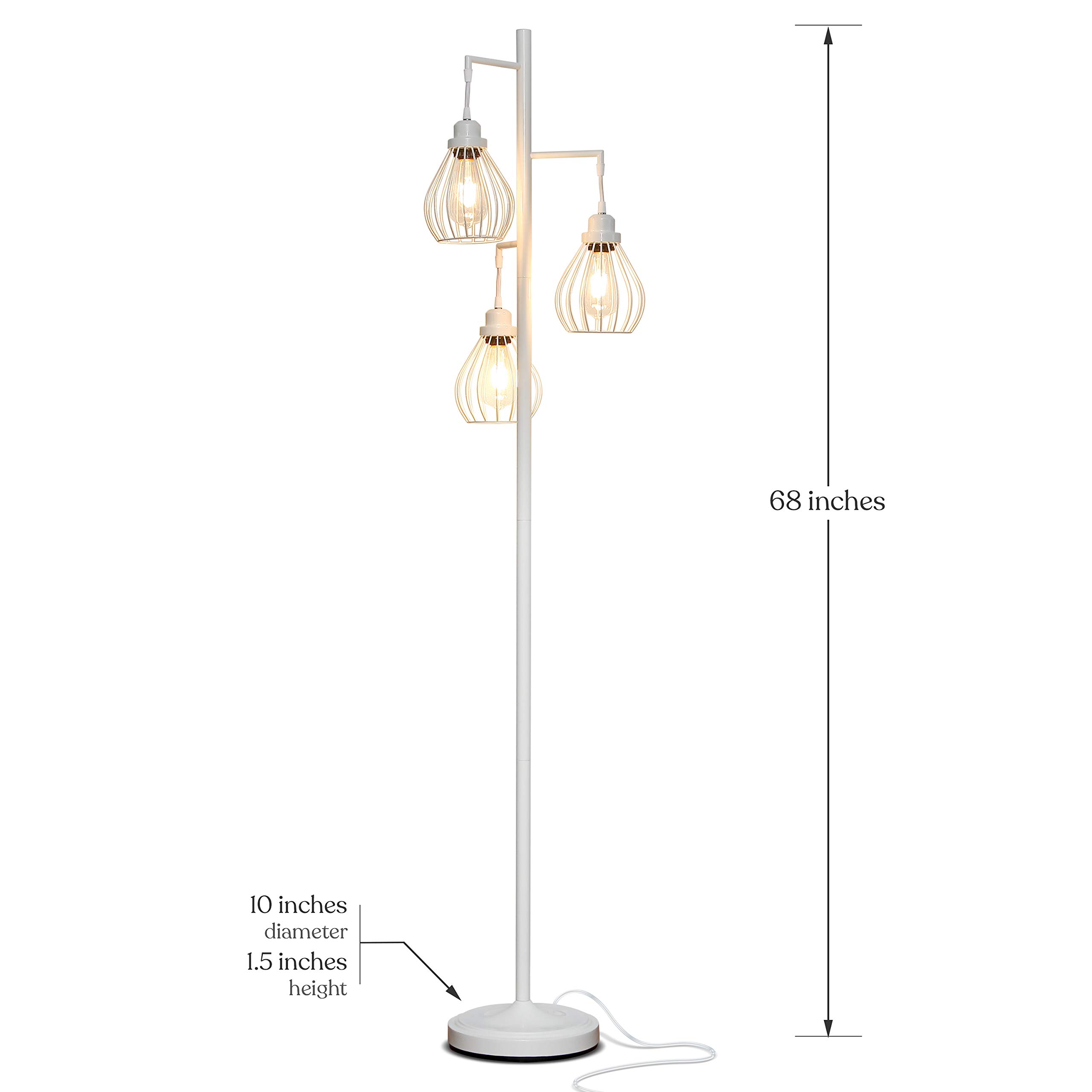 Brightech Teardrop LED Floor Lamp - 3 Elegant Cage Heads with Edison Bulbs, Modern Standing Lamp for Living Room, Office & Bedroom Reading - Tall Tree Design in Alpine White - Perfect for Cozy Nights & Home Decor