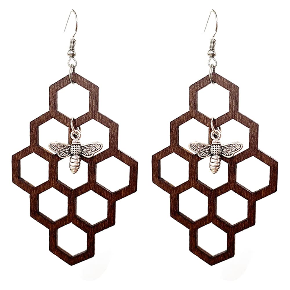 Vintage Wooden Honey Bee & Honeycomb Drop Earrings for Women - Bumblebee & Snake Wine Bottle Design - Boho Chic Jewelry for Parties, Weddings & Everyday Wear