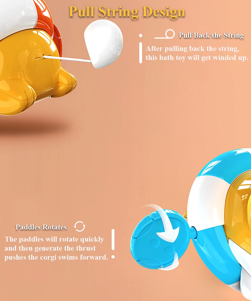 Wind-Up Swimming Corgi Bath Toy - Pull String Floating Puppy Dog Water Toy for Kids | Fun Bathtub & Pool Toy for Boys & Girls (Orange) | Perfect for Toddler Bath Time, Summer Pool Parties & Sensory Play