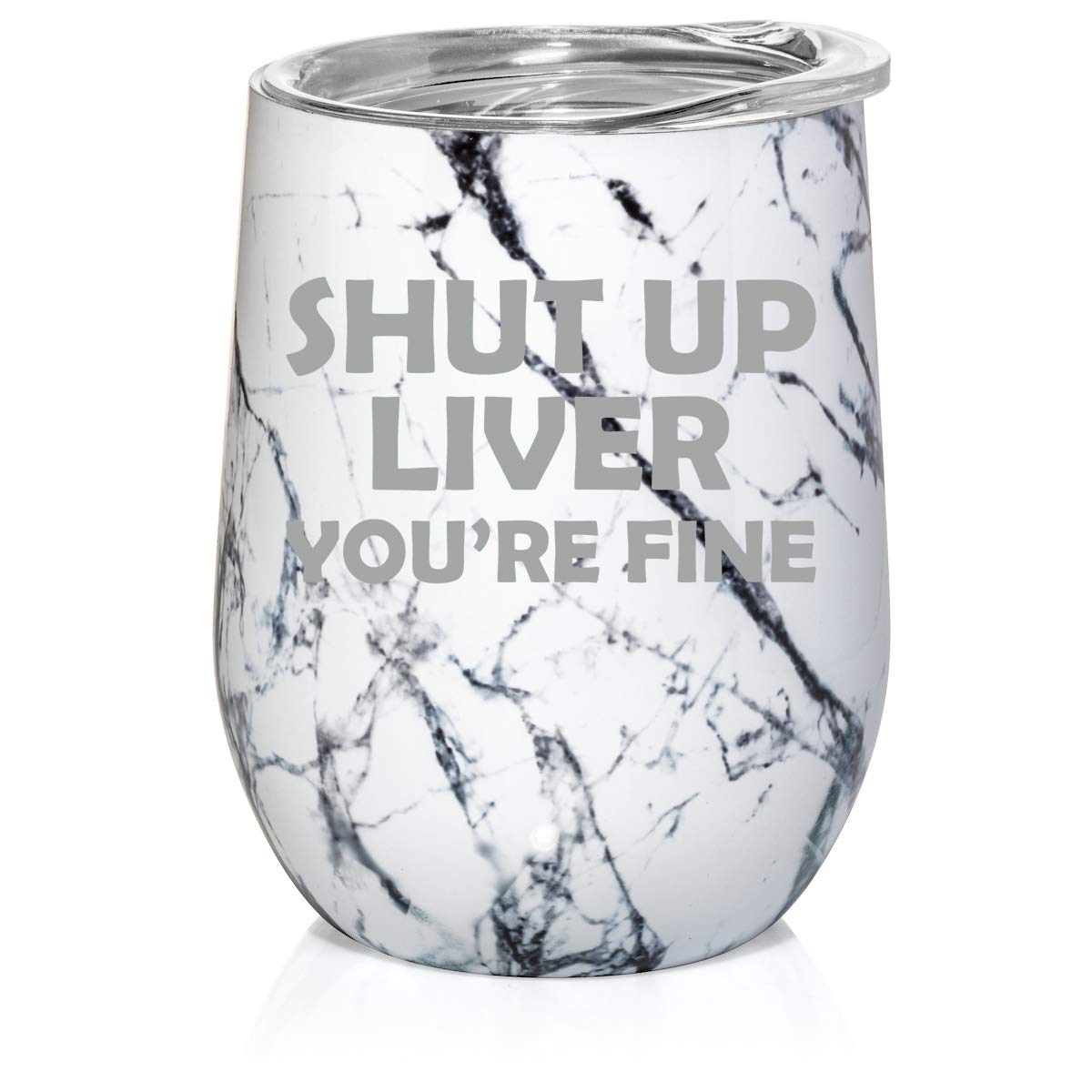 12 oz Double Wall Vacuum Insulated Stainless Steel Marble Stemless Wine Tumbler - Leakproof Travel Mug for Coffee, Tea & Wine - Funny 