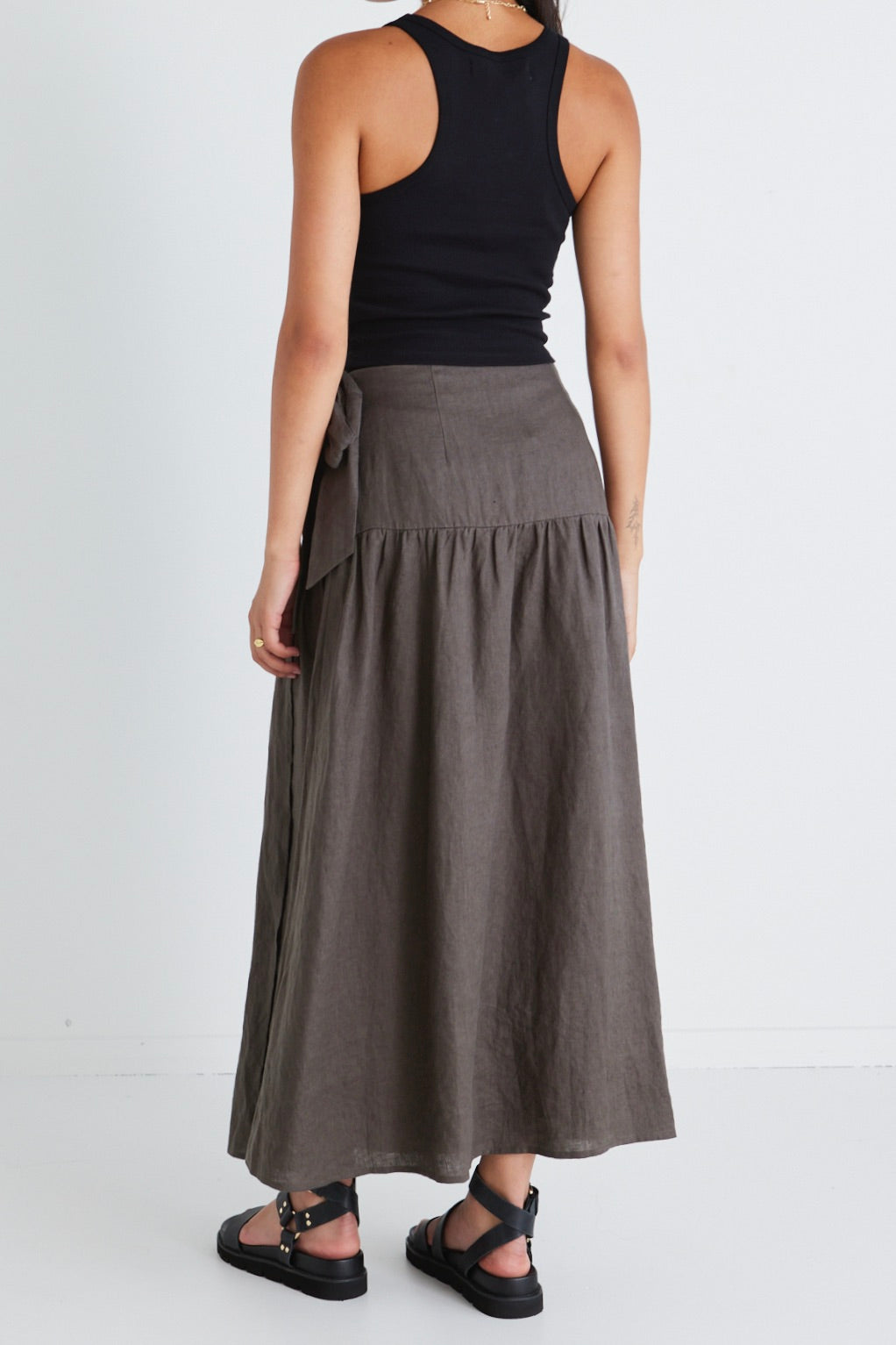 Stylish Dark Olive Linen Wrap Maxi Skirt - Boho Tiered Midi Skirt for Women - Perfect for Summer Outfits, Beach Vacations & Casual Wear