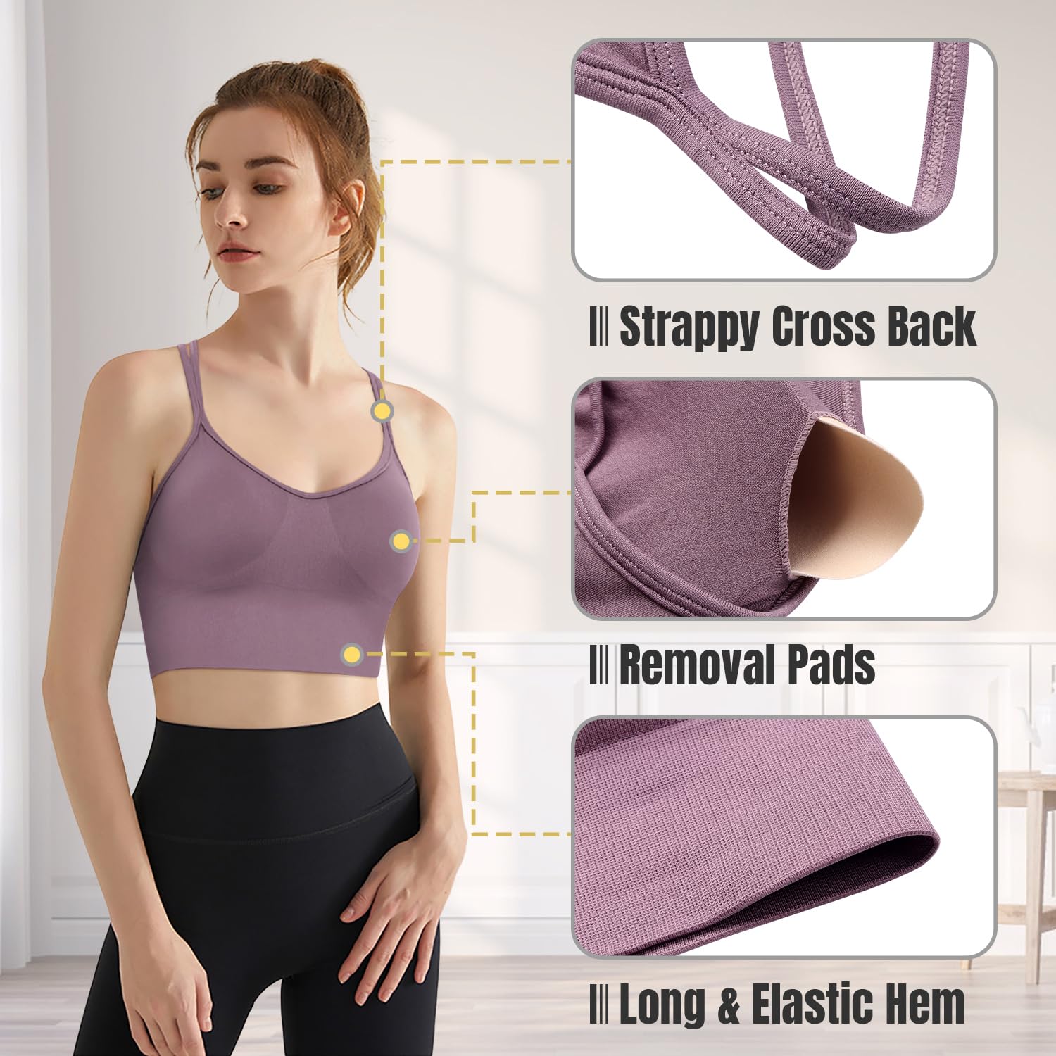 VEQKING Women's Cross Back Sports Bra - Medium Support Seamless Yoga Bra with Removable Pads, 3 Pack for Workout, Fitness & Everyday Wear