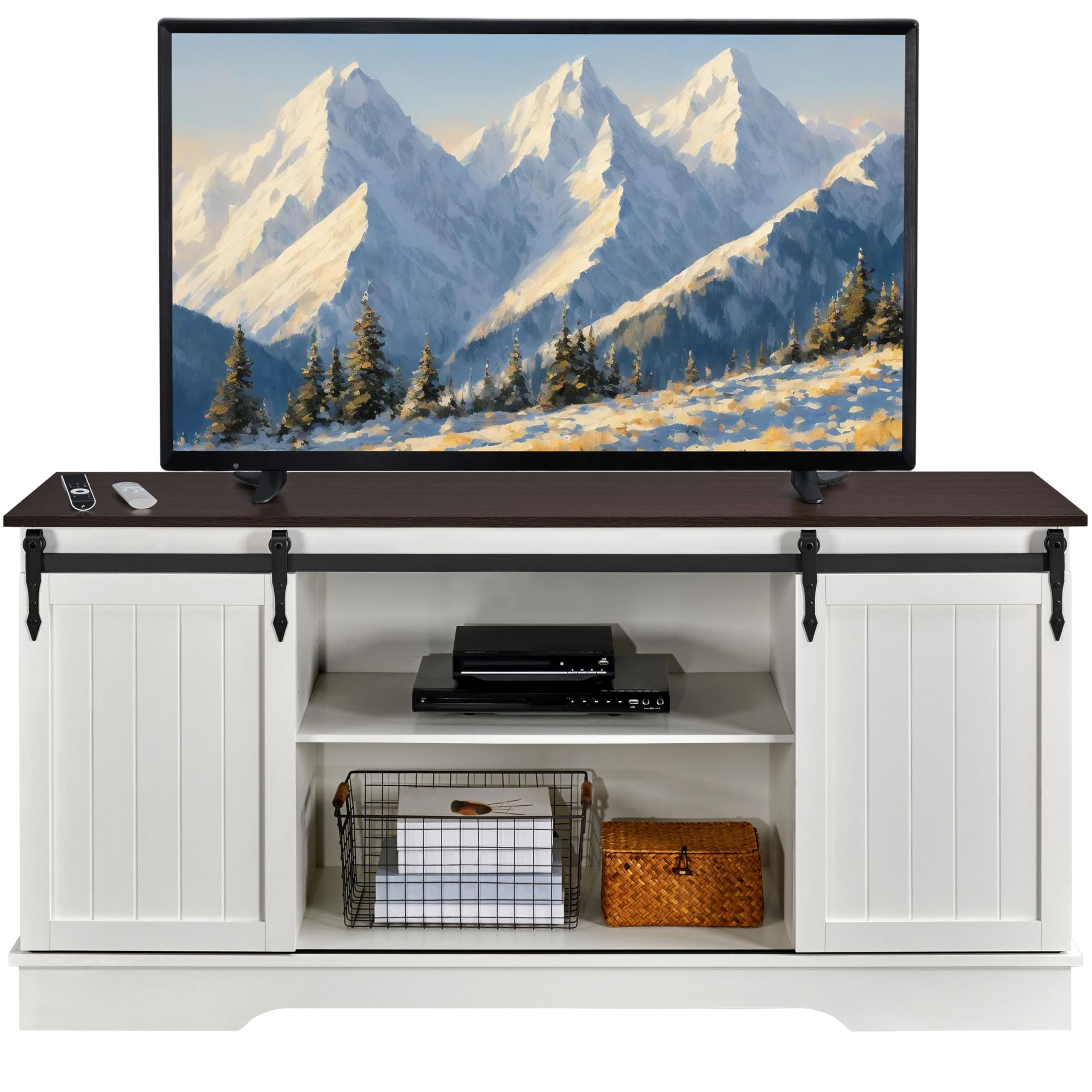 Yaheetech 65 Inch TV Stand with Sliding Barn Doors - Farmhouse Style Entertainment Center, TV Media Console for Living Room (White & Espresso) - Perfect for Home Theater Setup & Living Room Organization