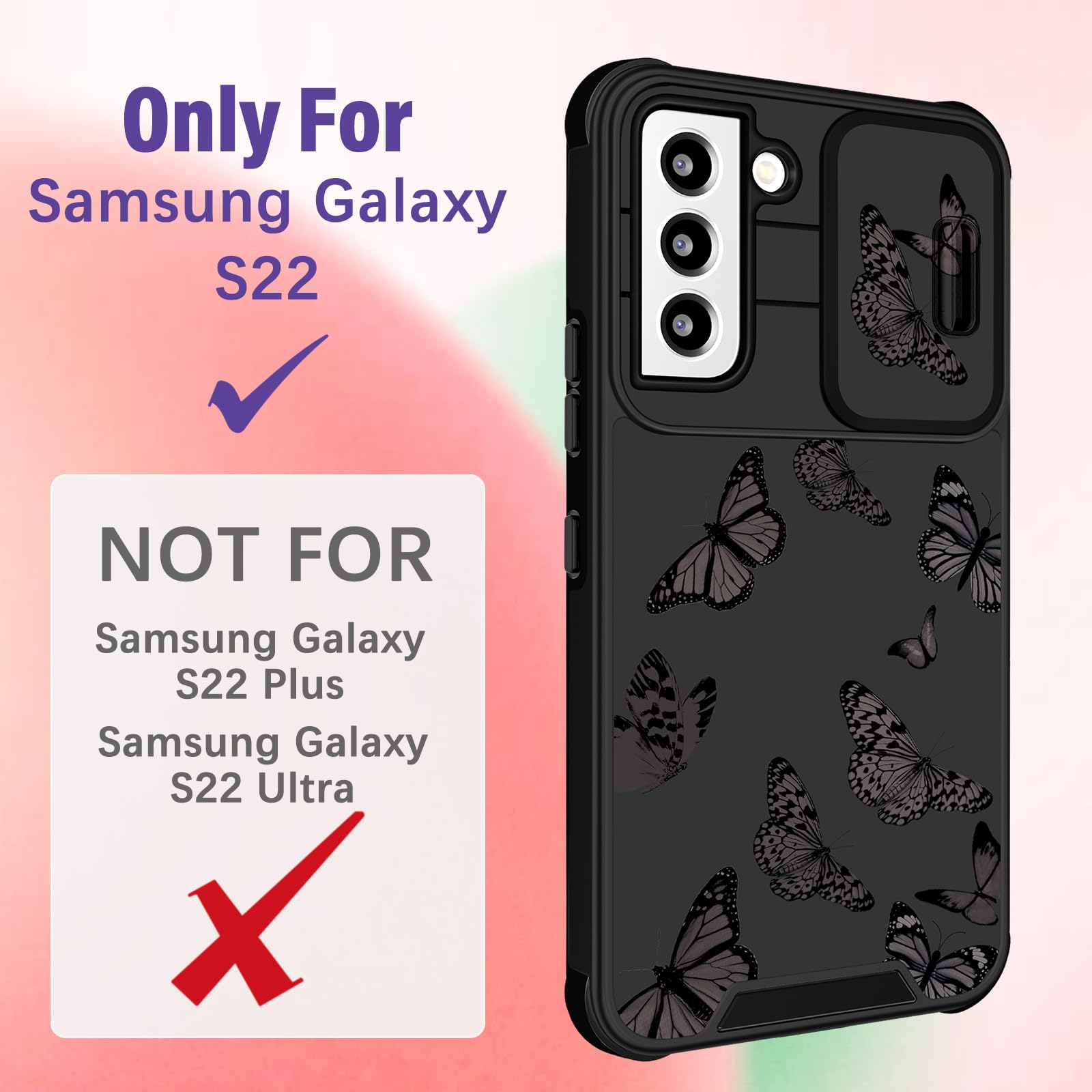2 in 1 Cute Butterfly Design Samsung Galaxy S22 Case for Women - Aesthetic Black Phone Cover with Camera Protector & Ring Stand | Perfect for Work, Travel and Everyday Use