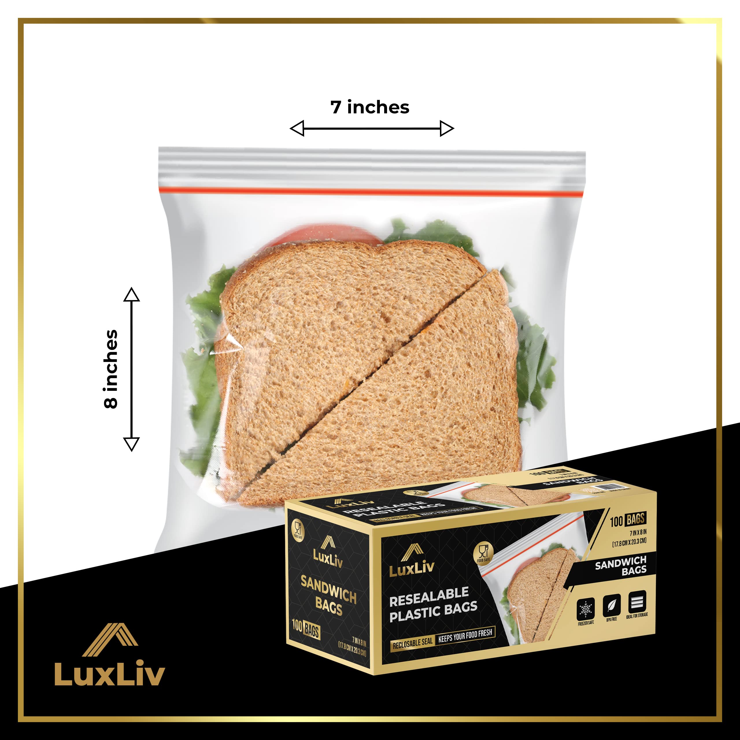 100-Pack LuxLiv® Premium Reusable Plastic Sandwich & Snack Bags - 7x8 Inch BPA-Free Freezer-Safe Food Storage Bags for Lunch, Meal Prep & Organization - Heavy Duty Ziplock Bags for Home, Office & Travel Use