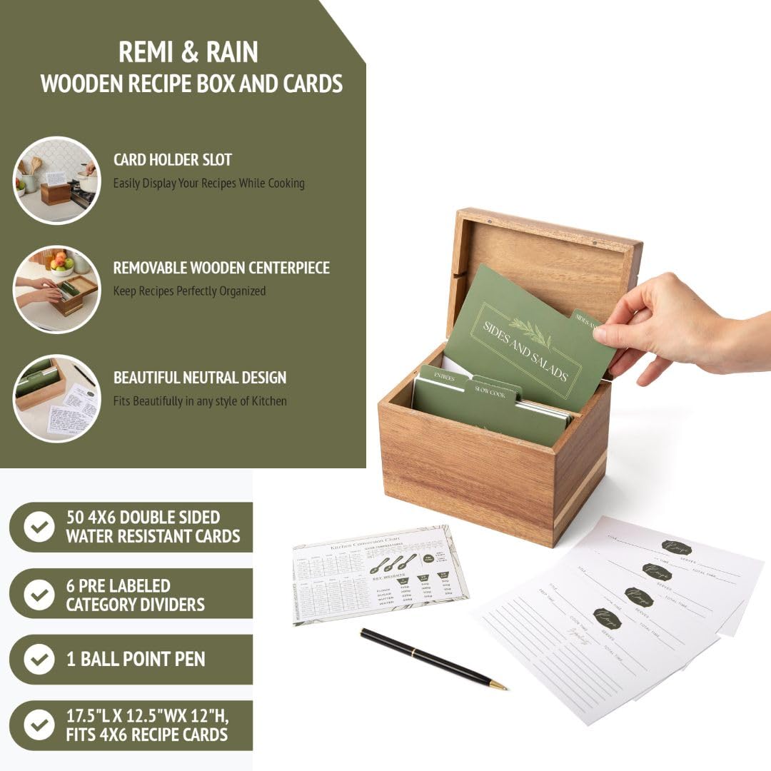Wooden Recipe Box with Removable Centerpiece, Double-Sided Waterproof 4x6 Recipe Cards & Dividers | Recipe Organizer Box Set for Kitchen, Home, and Gift Giving | Perfect for Storing Family Recipes and Meal Planning