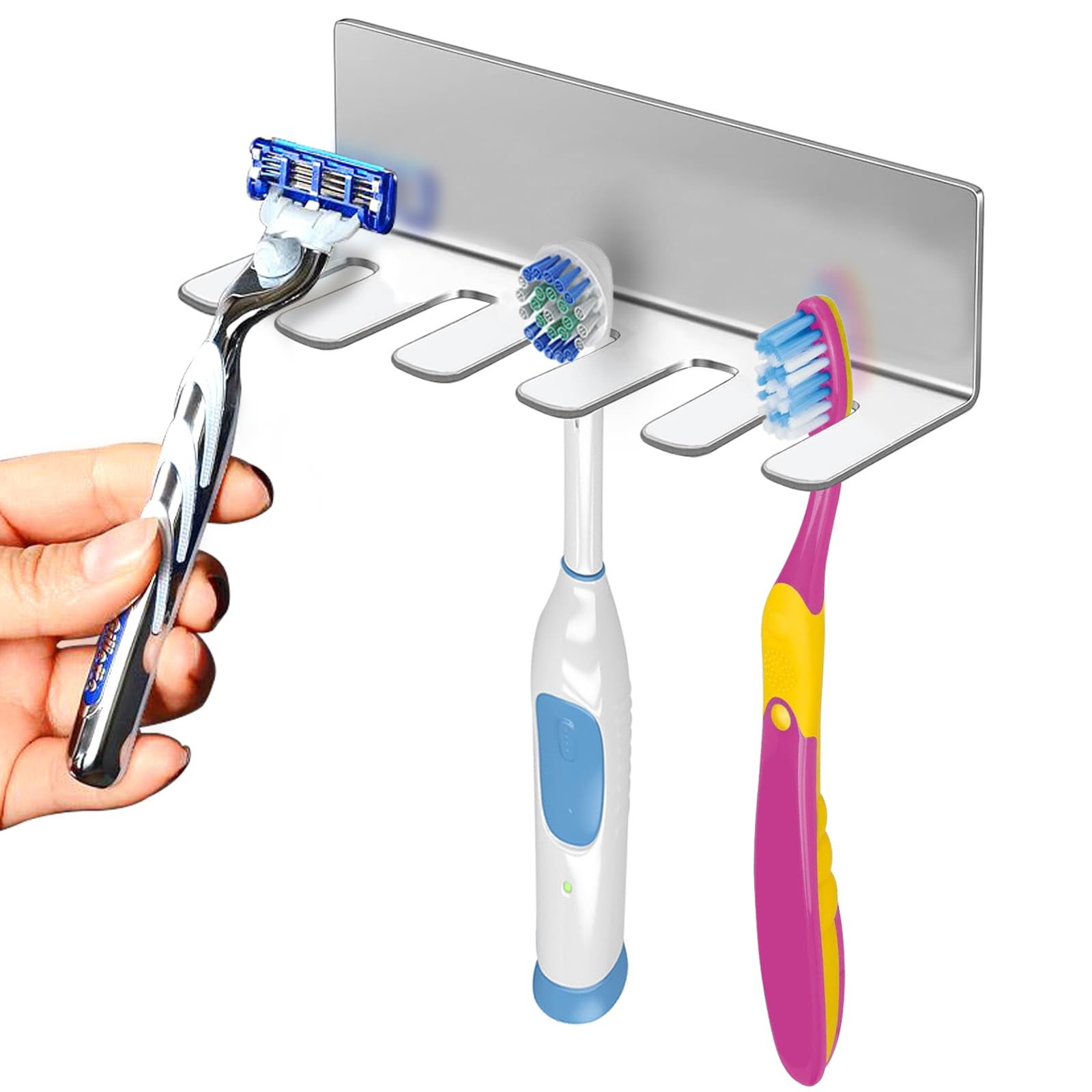 Stainless Steel Wall Mounted Toothbrush Holder - No Drill 3M Adhesive Bathroom Organizer for Toothbrushes & Razors - Perfect for Small Spaces, Apartments, and Travel