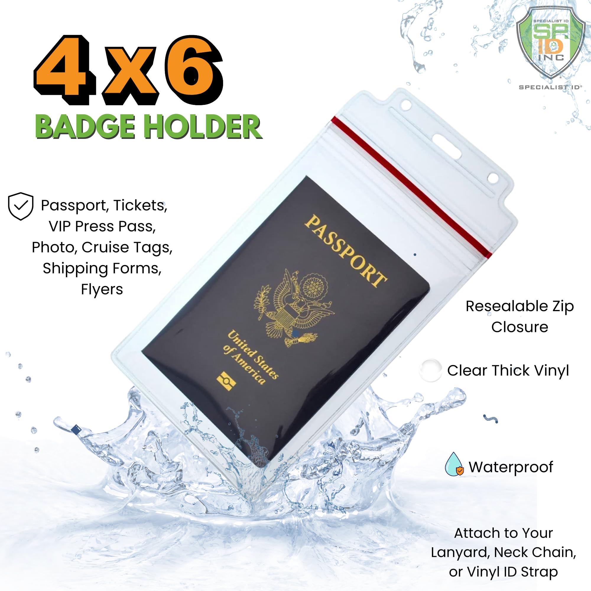 100 Pack - Extra Large Waterproof ID Badge Holder 4x6 Inch - Heavy Duty Resealable Zip Top Passport & Immunization Card Protector - Ideal for Travel, Cruises, Events & Medical Records Organization
