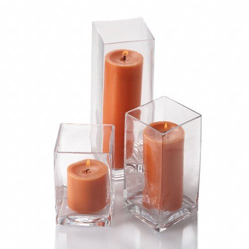 Richland Set of 18 Glass Eastland Square Vases & 18 Orange Pillar Candles - Elegant Home Decor for Weddings, Centerpieces, and Holiday Table Settings