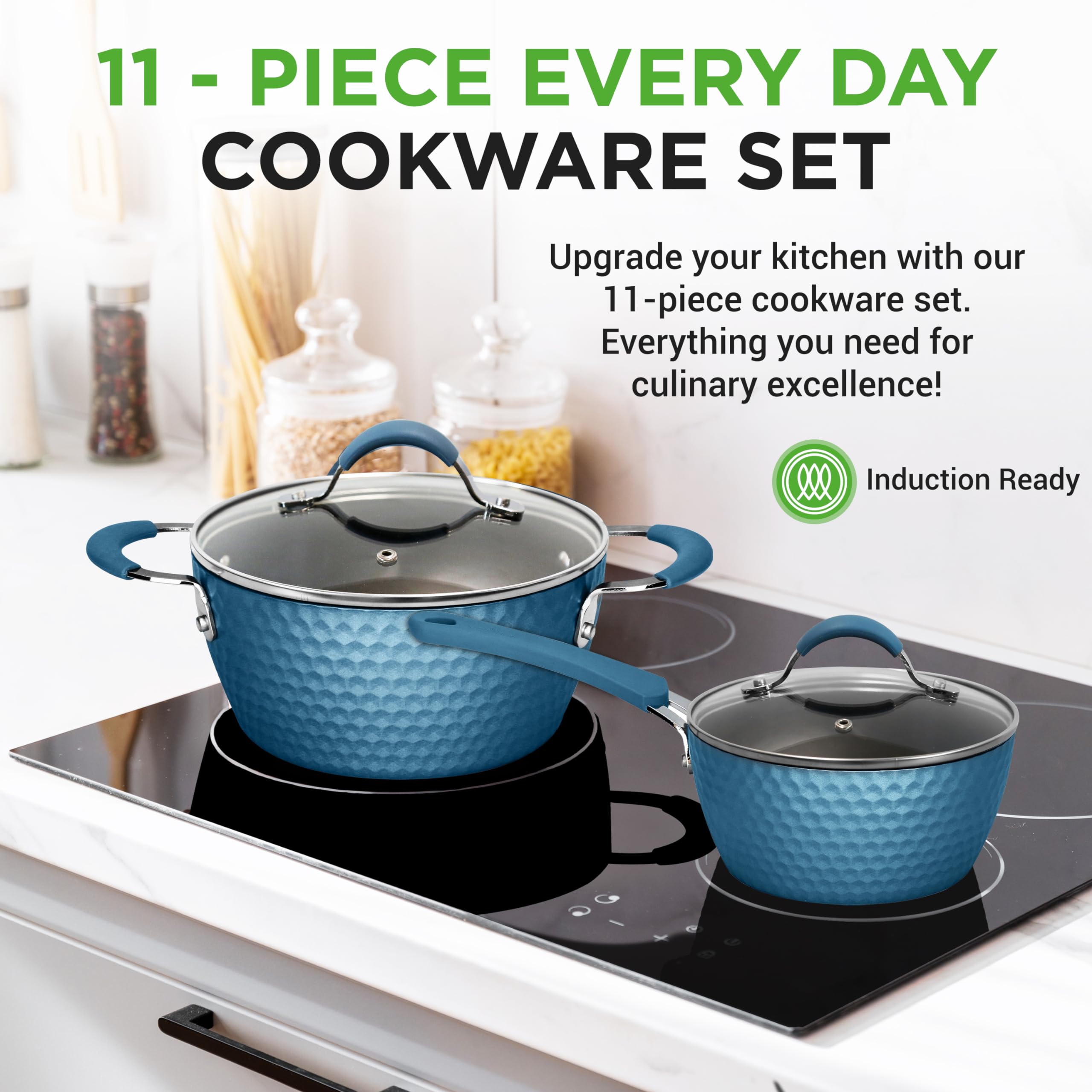 NutriChef 11-Piece Ceramic Nonstick Cookware Set - Blue Diamond Coating, Induction Compatible, Includes Saucepan, Frying Pans & Dutch Oven with Utensils, Dishwasher Safe - Perfect for Healthy Cooking, Family Meals & Professional Kitchens - NCCW11BD.7
