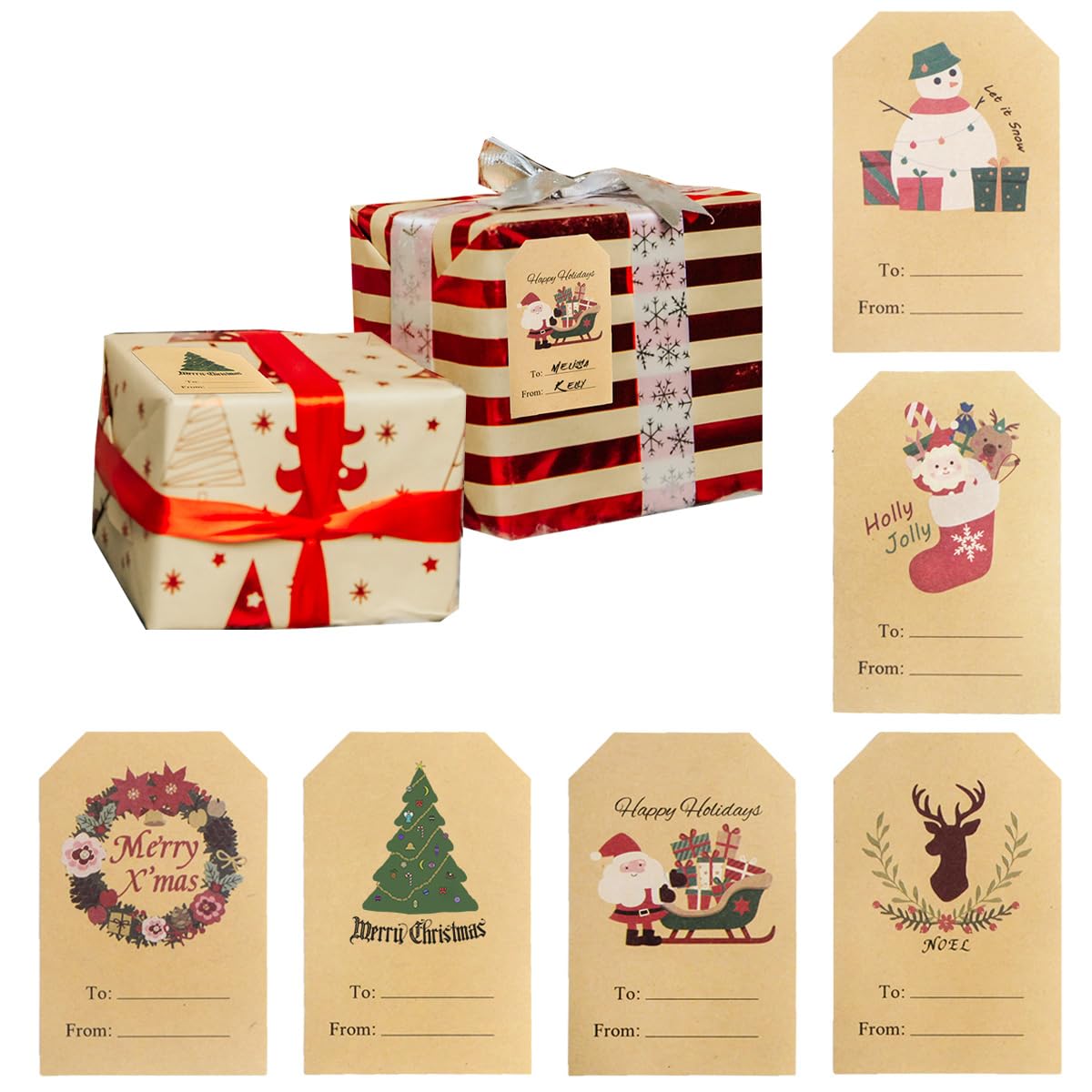 120PCS Vintage Kraft Christmas Gift Tags - Self Adhesive Writable Name Labels for Holiday Presents, Wrapping & Santa Gifts | Perfect for Christmas Party Favors, Stocking Stuffers & Secret Santa Exchanges