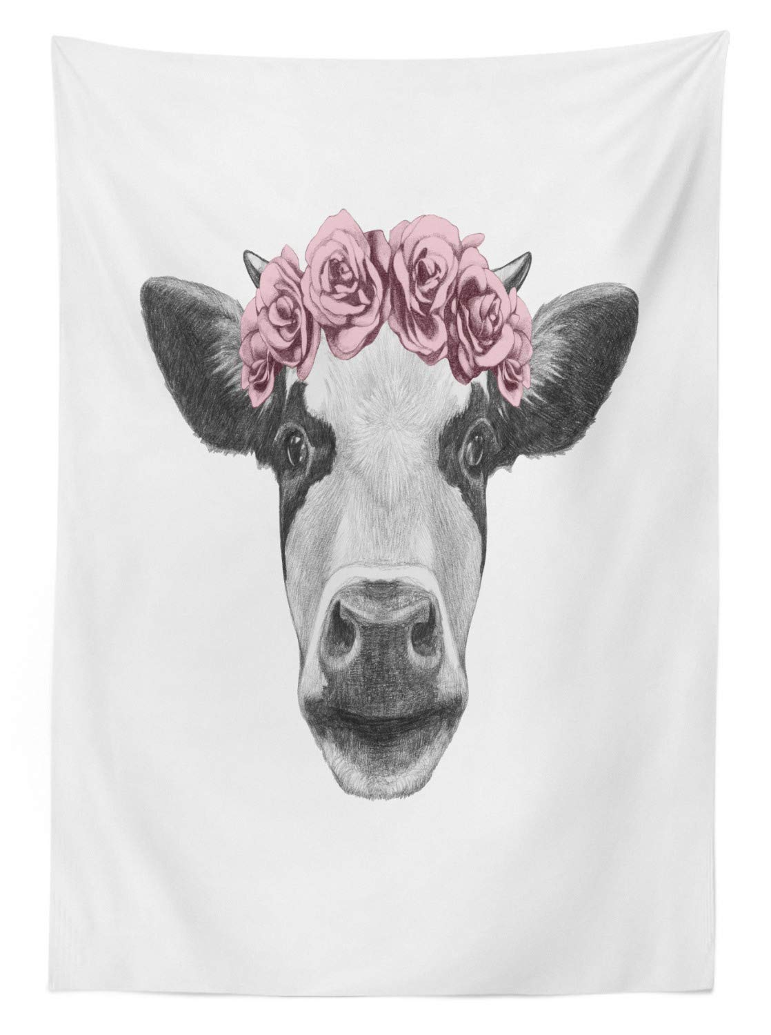 Ambesonne Farm Animal Tablecloth - Sketchy Cow Portrait with Roses Wreath, 52x70 Inch Rectangle Dining Table Cover in Dark Grey & Pale Rose | Waterproof Kitchen Tablecloth for Farmhouse, Country Style Dining Room Decor