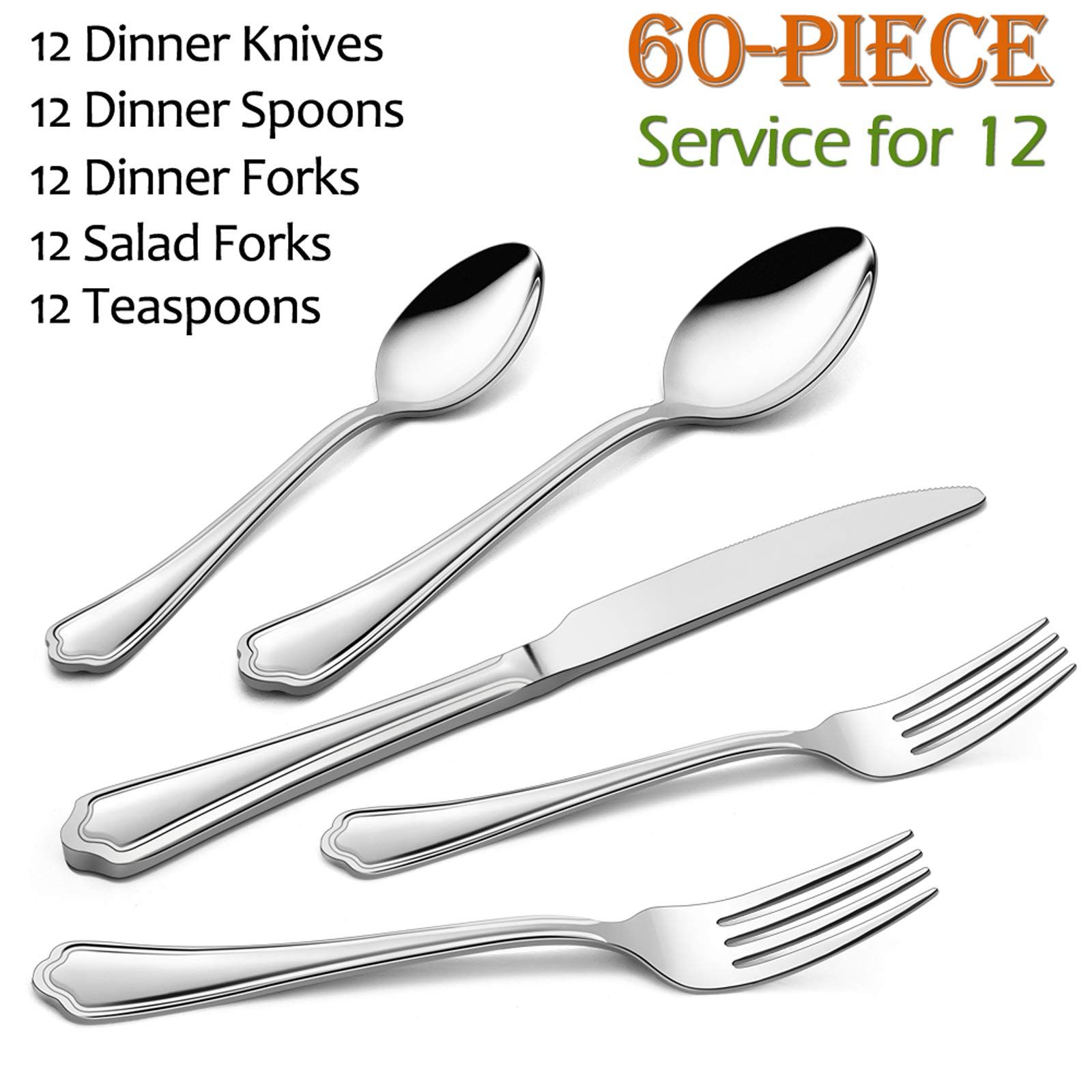 60-Piece Stainless Steel Flatware Set for 12 - E-far Silverware Cutlery Set with Scalloped Edge & Mirror Polish (Dinner Knives, Forks, Spoons) - Dishwasher Safe Metal Tableware for Home, Restaurant & Party Dining