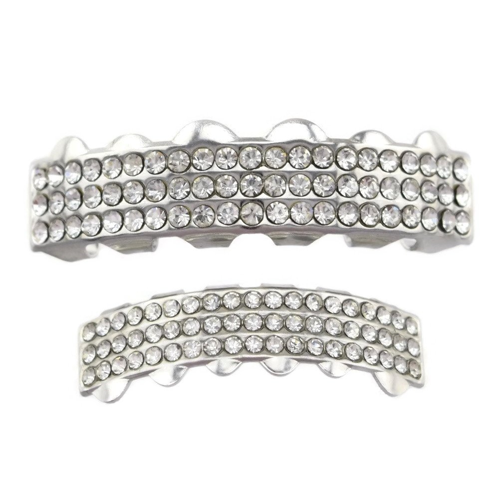 3 Row Silver Tone Iced Grillz Set - Top & Bottom Teeth Grills for Hip Hop Style | Perfect for Rappers, Performers, and Party Wear