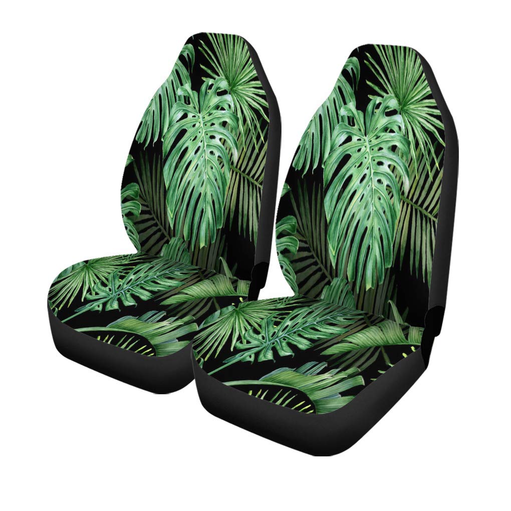 Pinbeam Universal Car Seat Covers Set of 2 - Tropical Green Leaf Design with Palm Trees & Monstera Patterns | Durable Auto Accessories Protectors for Cars, Trucks & SUVs | Perfect for Road Trips, Daily Commutes & Interior Decor