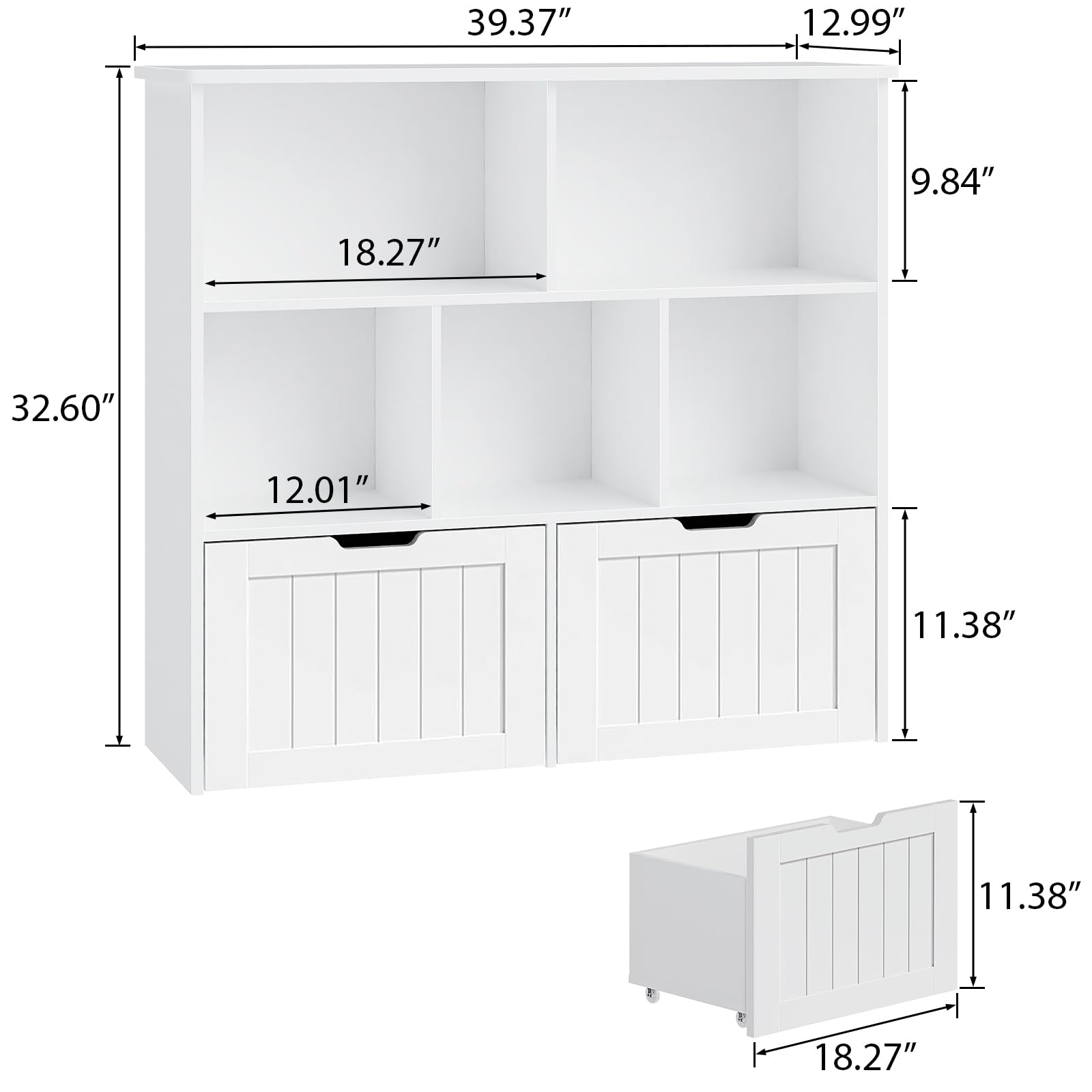 Multifunctional White Toy Storage Organizer with 2 Movable Drawers & 5 Storage Cubbies - Kids Bookshelf, Toy Chest with Hidden Wheels for Playroom Organization | Perfect for Nursery, Daycare & Home Play Areas