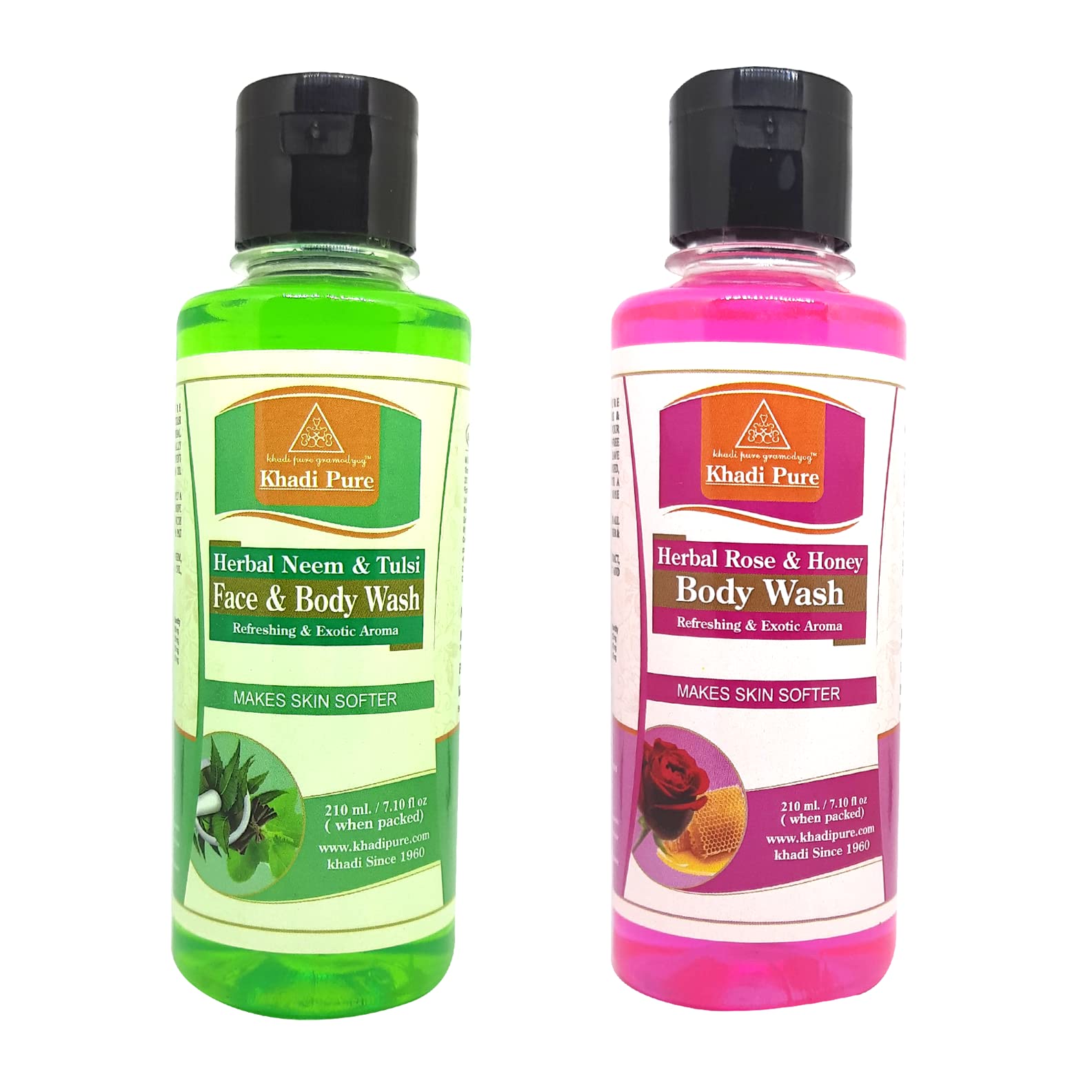 Khadi Pure Neem Tulsi & Rose Honey Body Wash for Glowing Skin - 210ml (Pack of 2) - Natural Ayurvedic Cleanser for Dry & Sensitive Skin | Daily Shower & Spa Use
