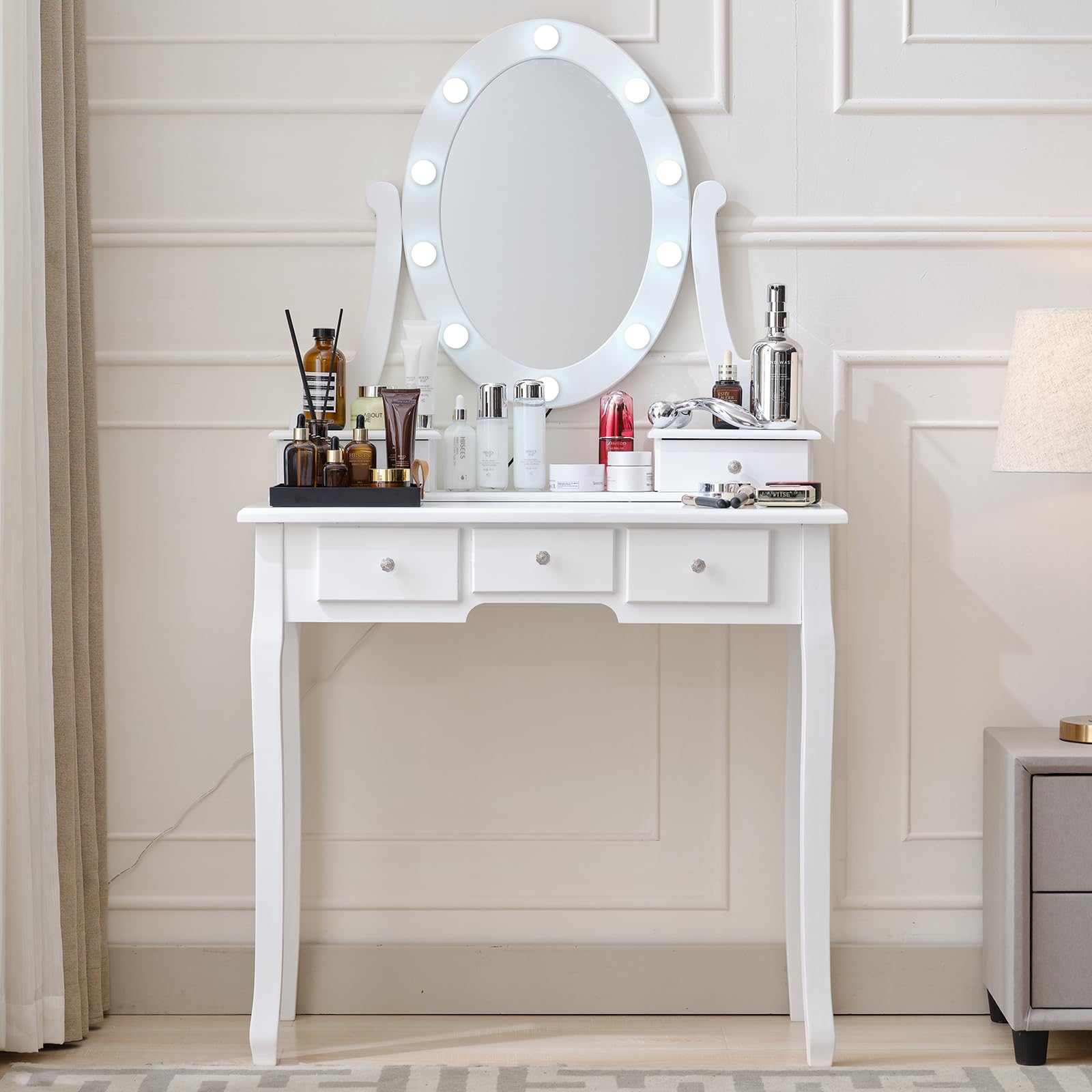 Lighted Makeup Vanity Table with Mirror - 5 Large Drawers Dressing Desk for Women & Girls, White | Perfect for Bedroom, Dorm Room & Beauty Salon Organization