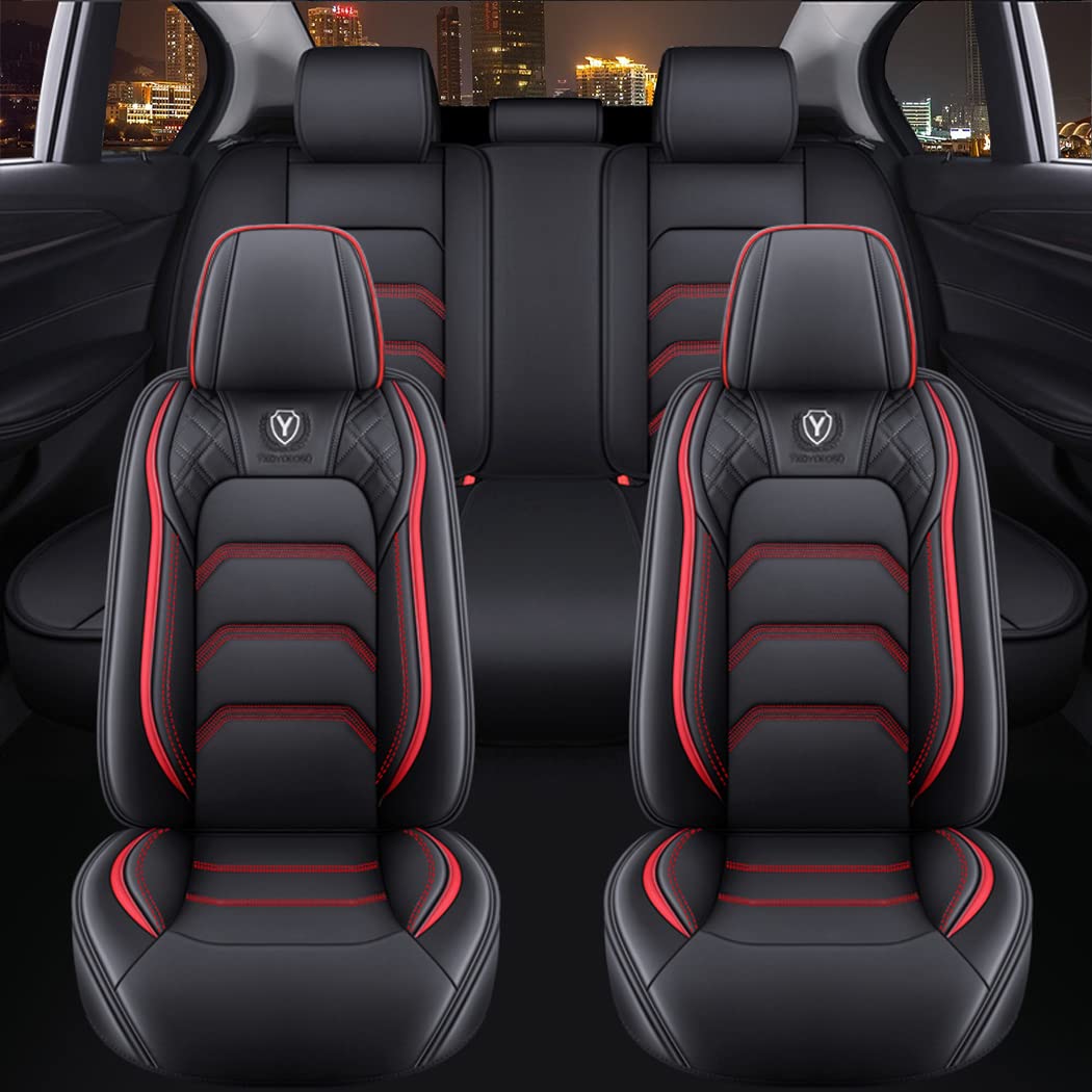 Premium Universal Leather Car Seat Covers Full Set (5 Seats) - Black & Red - Comfortable & Durable for SUVs, Sedans & Trucks - Perfect for Road Trips, Commuting & Family Protection